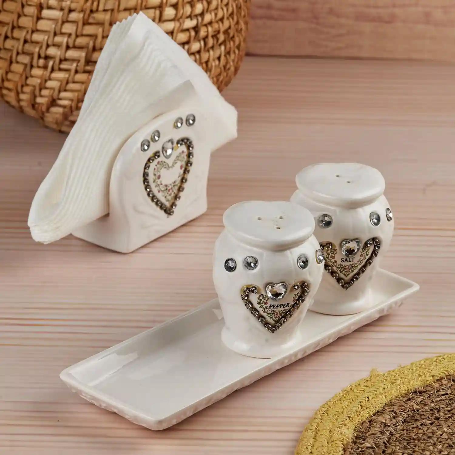 Kookee Ceramic Salt and Pepper Shakers Set with tray for Dining Table used as Namak Dhani, Shaker, Sprinkler, Spices Dispenser for Home, Kitchen and Restaurant, White (10710)