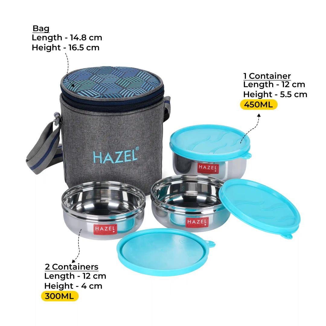 HAZEL Tiffin Box for Office Men & Women | Stainless Steel Lunch Boxes Set of 3 Leak Proof Lunch Box (2 Pc 300 ML, 1 Pc 450 ML Containers) with Cylindrical Lunch Bag with Strap