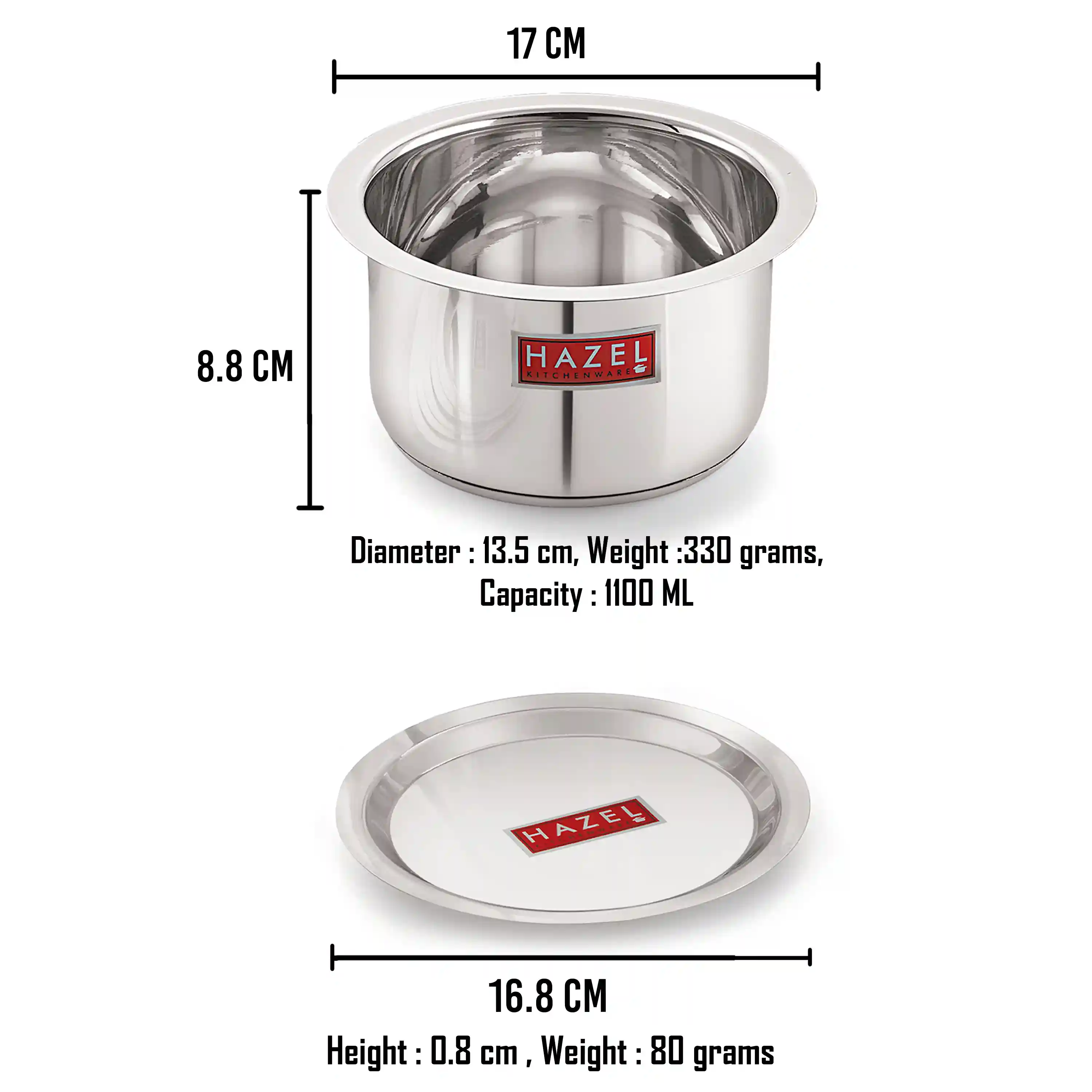 HAZEL Induction Base Tope Stainless Steel Induction Bottom Tope Thick Heavy Flat Base Patila Cookware with Steel Lid Cover 16.8 cm for Cooking (Tope Capacity 1100 ml), Silver