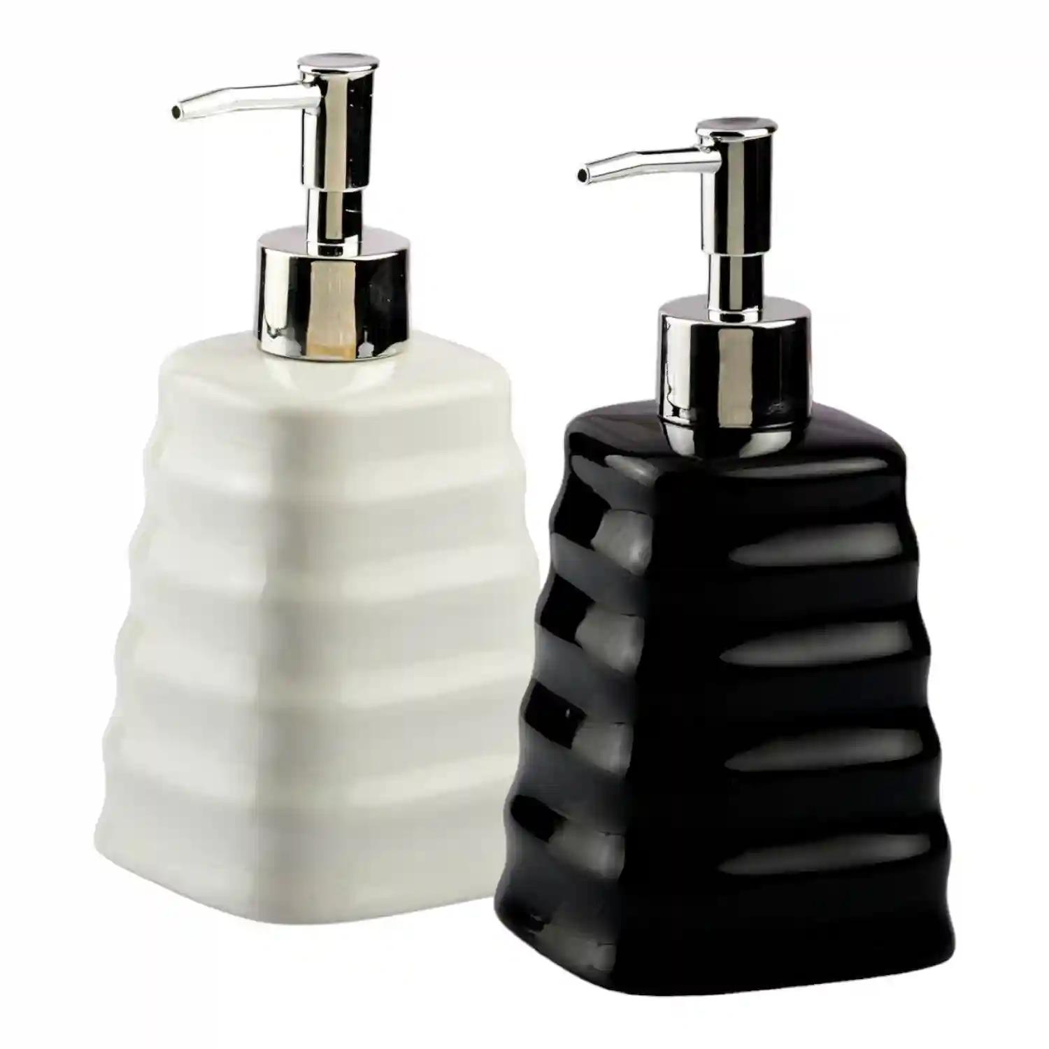 Kookee Ceramic Soap Dispenser for Bathroom hand wash, refillable pump bottle for Kitchen hand wash basin, Set of 2, Black/White (10553)