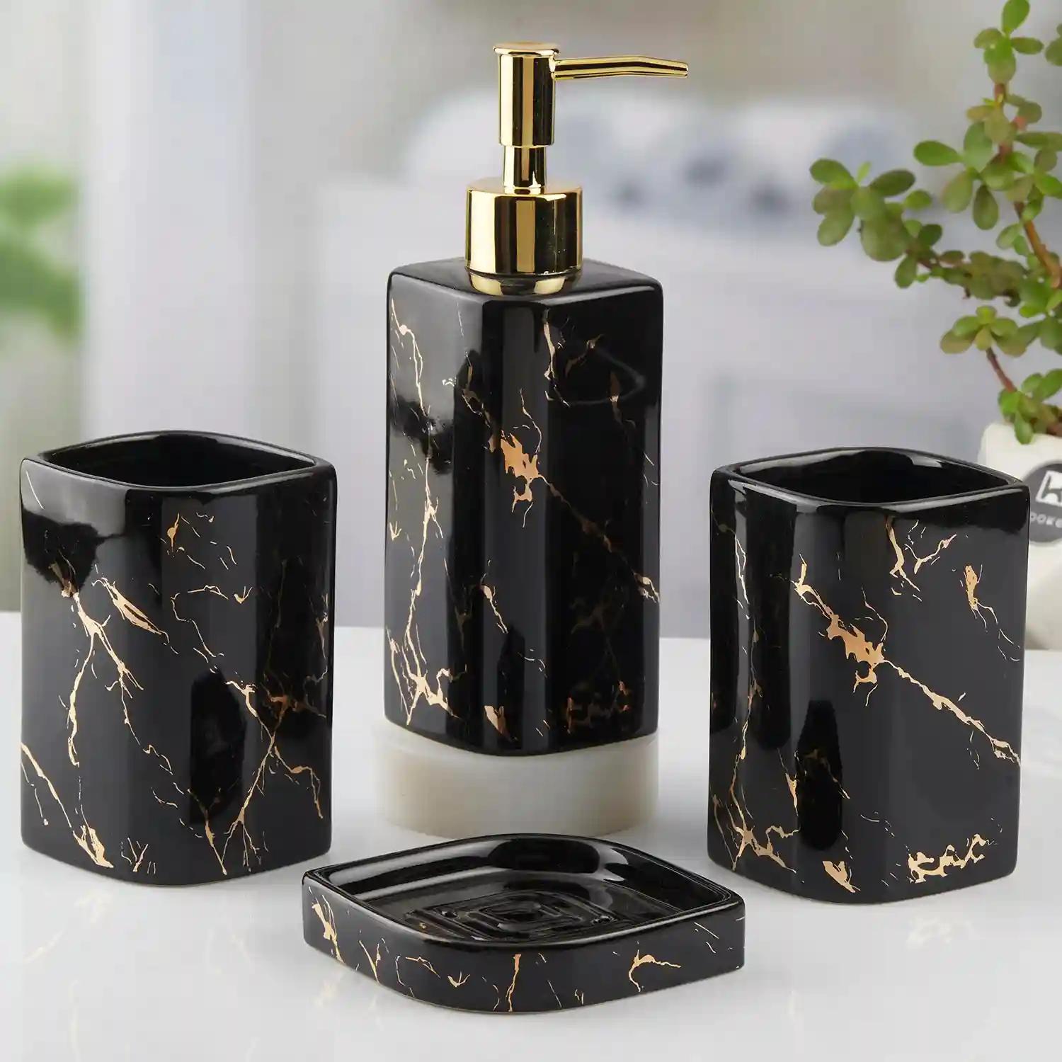 Kookee Ceramic Bathroom Accessories Set of 4, Modern Bath Set with Liquid hand wash Soap Dispenser and Toothbrush holder, Luxury Gift Accessory for Home, Black (10399)