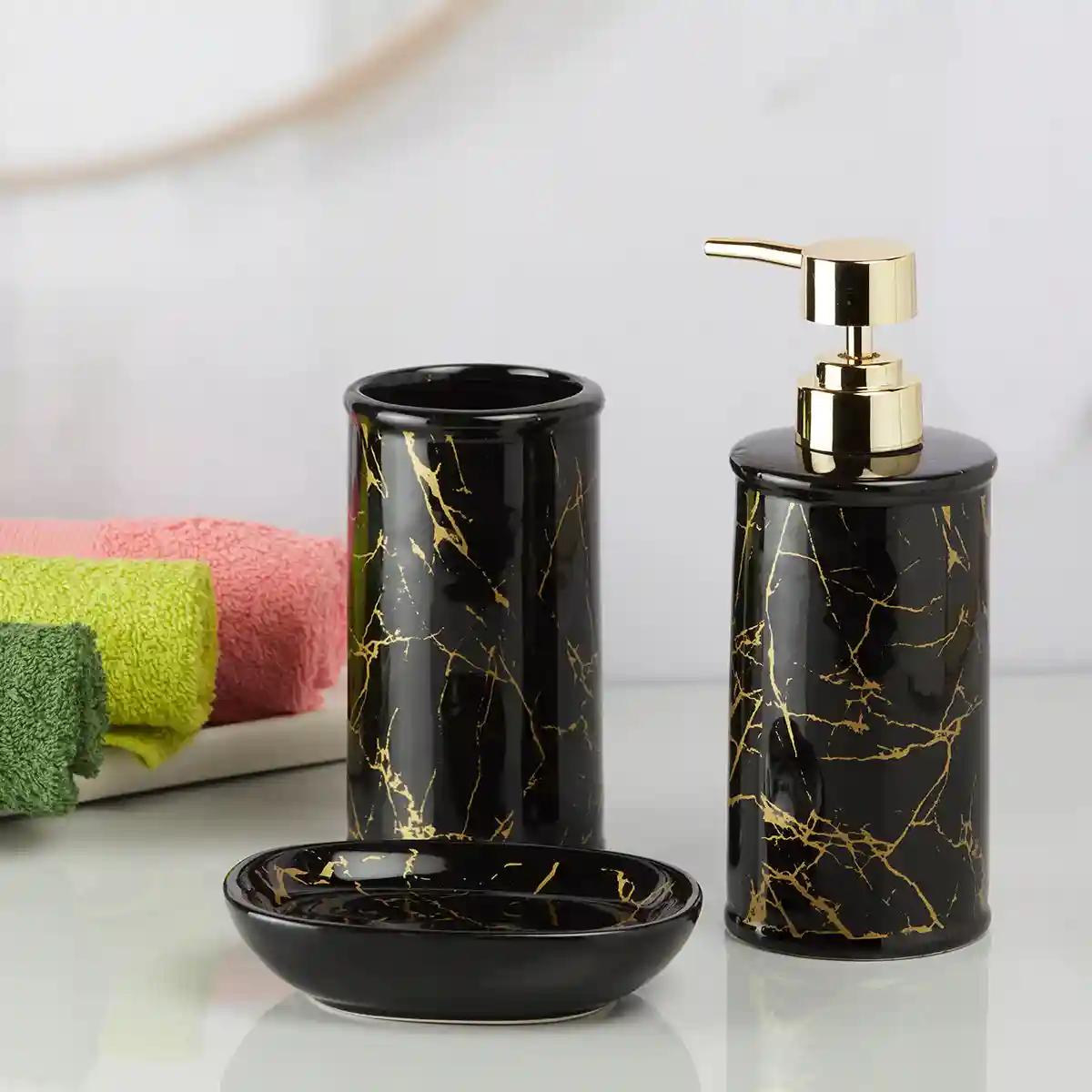 Kookee Ceramic Bathroom Accessories Set of 3, Modern Bath Set with Liquid handwash Soap Dispenser and Toothbrush holder, Luxury Gift Accessory for Home - Black (9728)