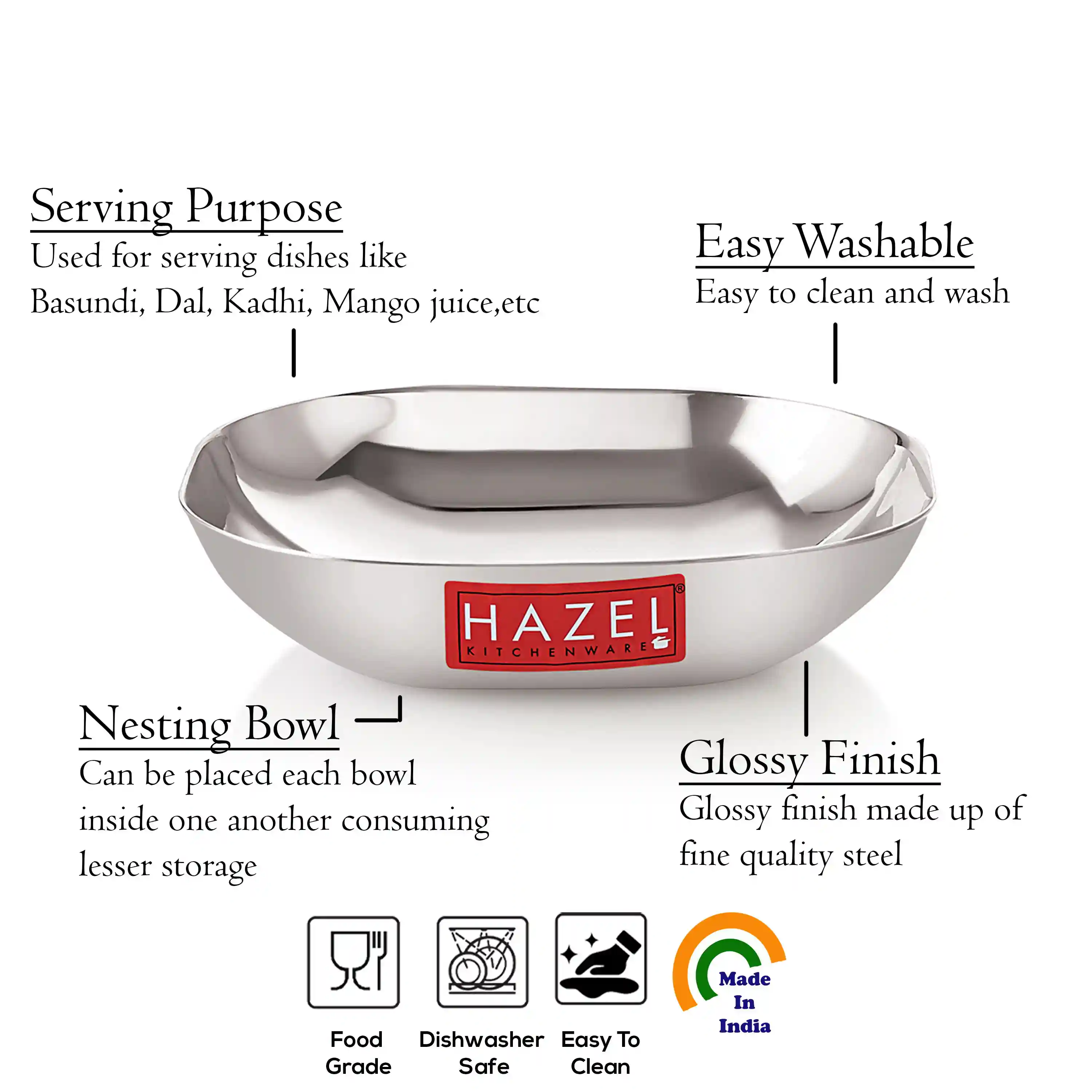 HAZEL Steel Dessert Silver Plate |Square Shaped Steel Plate for Snacks, Breakfast | Stainless Steel Katori Set of 2 | 450 ml Each, Silver