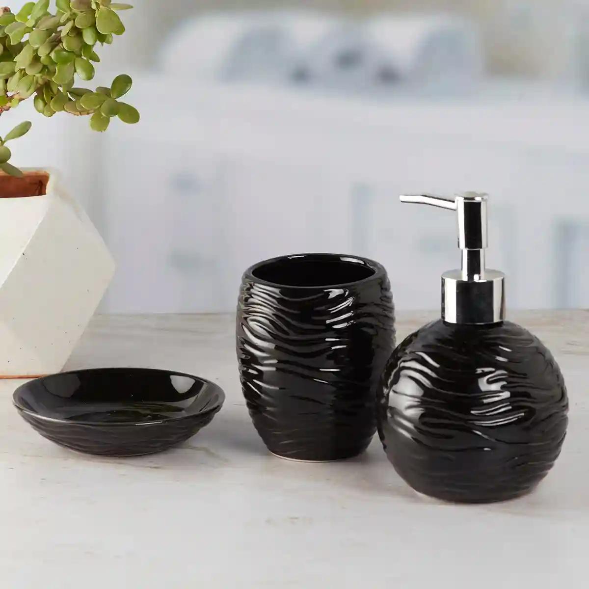 Kookee Ceramic Bathroom Accessories Set of 3, Modern Bath Set with Liquid handwash Soap Dispenser and Toothbrush holder, Luxury Gift Accessory for Home - Black (9614)