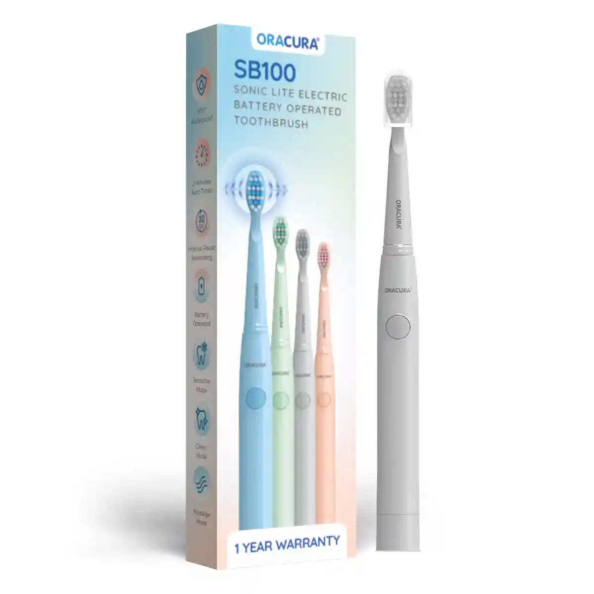 ORACURA SB100 Sonic Lite Electric Battery Operated Toothbrush - Grey