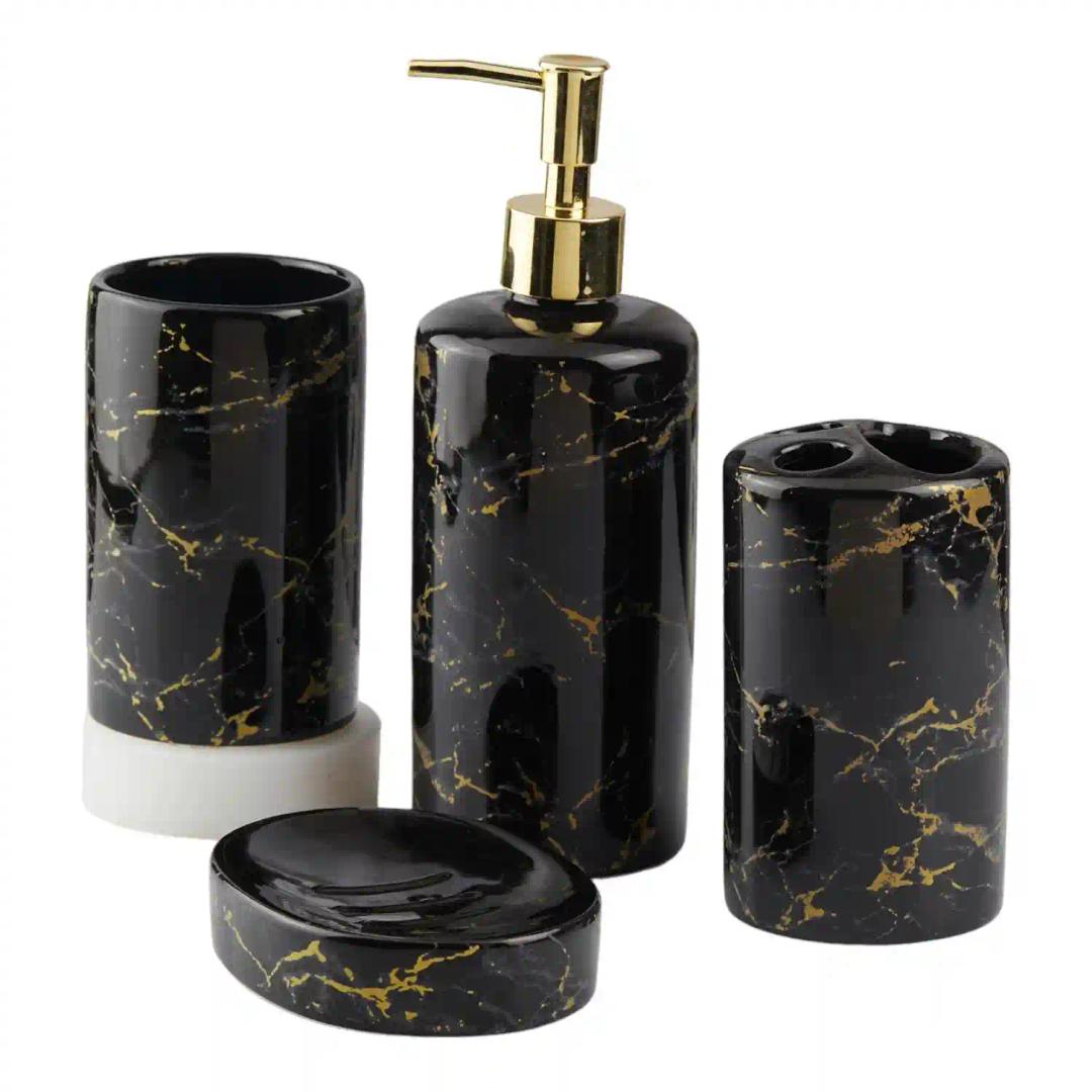 Kookee Ceramic Bathroom Accessories Set of 4, Modern Bath Set with Liquid hand wash Soap Dispenser and Toothbrush holder, Luxury Gift Accessory for Home, Black (10390)