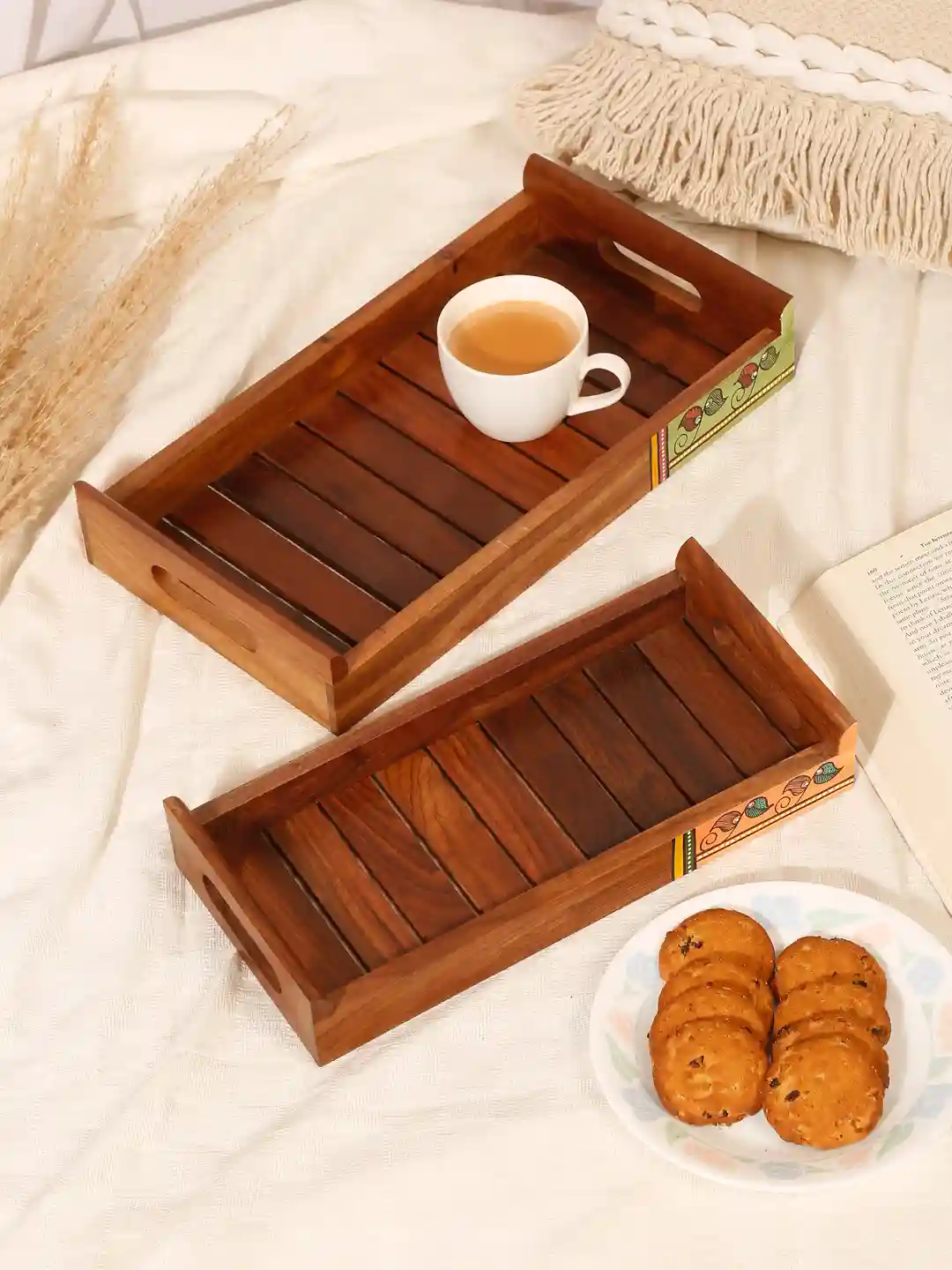 Shilpkara Shades of a Leaf Madhubani Handpainted Rose Wooden Nested Trays