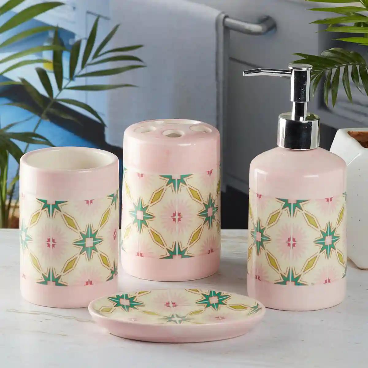 Kookee Ceramic Bathroom Accessories Set of 4, Modern Bath Set with Liquid hand wash Soap Dispenser and Toothbrush holder, Luxury Gift Accessory for Home, Pink (8120)