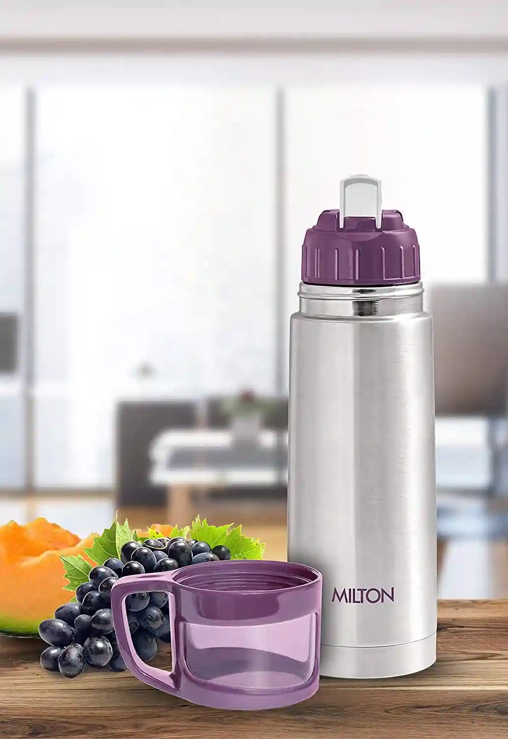 MILTON ThermoSteel Glassy Hot and Cold Bottle with Drinking Cup Lid, (350ml, Purple)