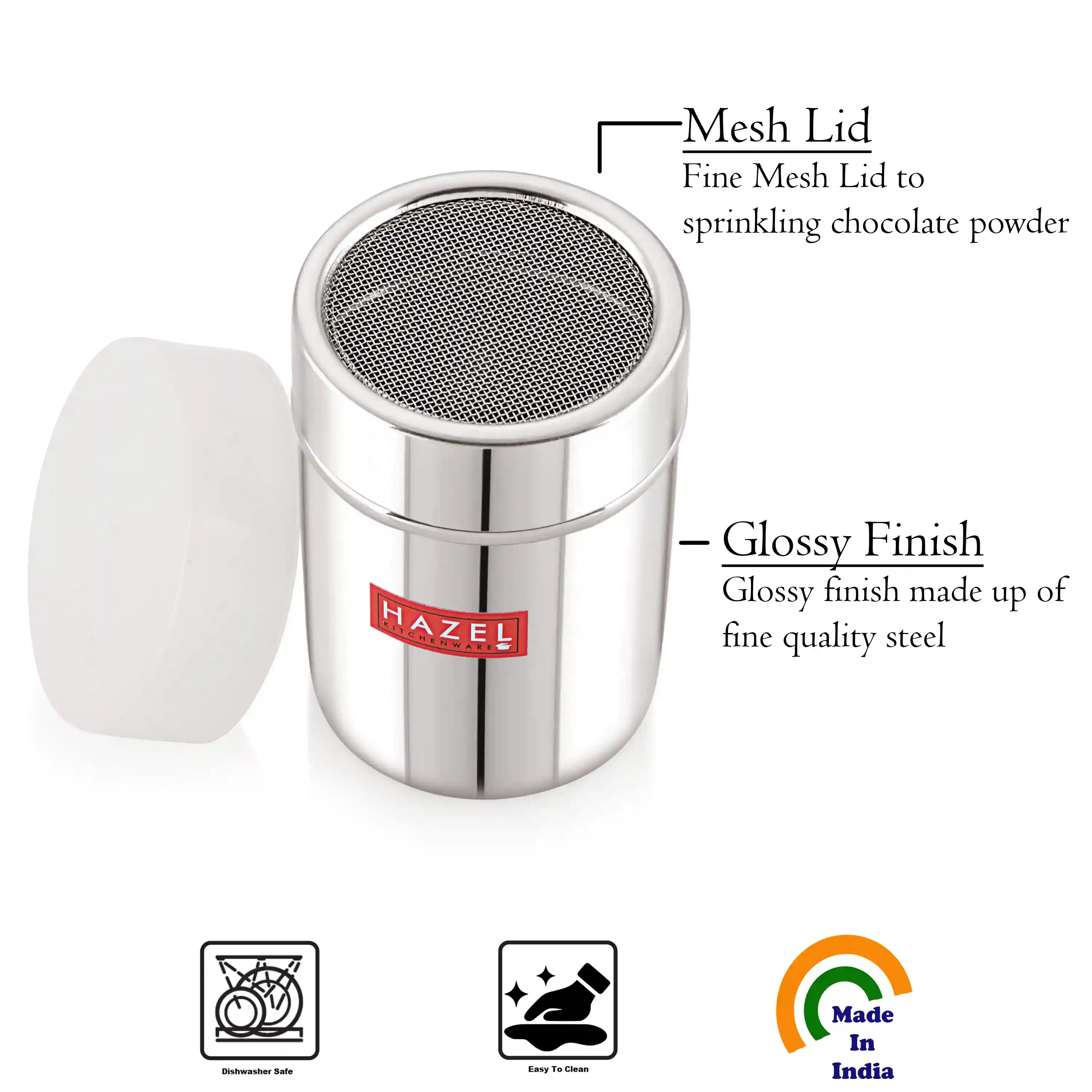 HAZEL Stainless Steel Chocolate Shaker | Chat Masala Sprinkler | Cocoa Flour Icing Sugar Powder Coffee Sifter with Lid Kitchen Tools, Capacity 310 ml, Silver