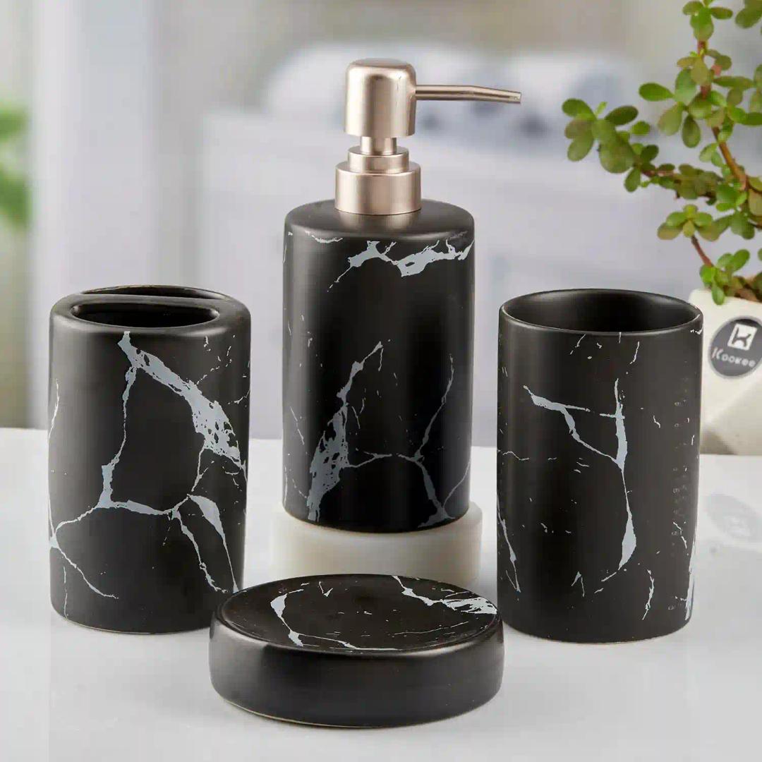 Kookee Ceramic Bathroom Accessories Set of 4, Modern Bath Set with Liquid hand wash Soap Dispenser and Toothbrush holder, Luxury Gift Accessory for Home, Black (10425)