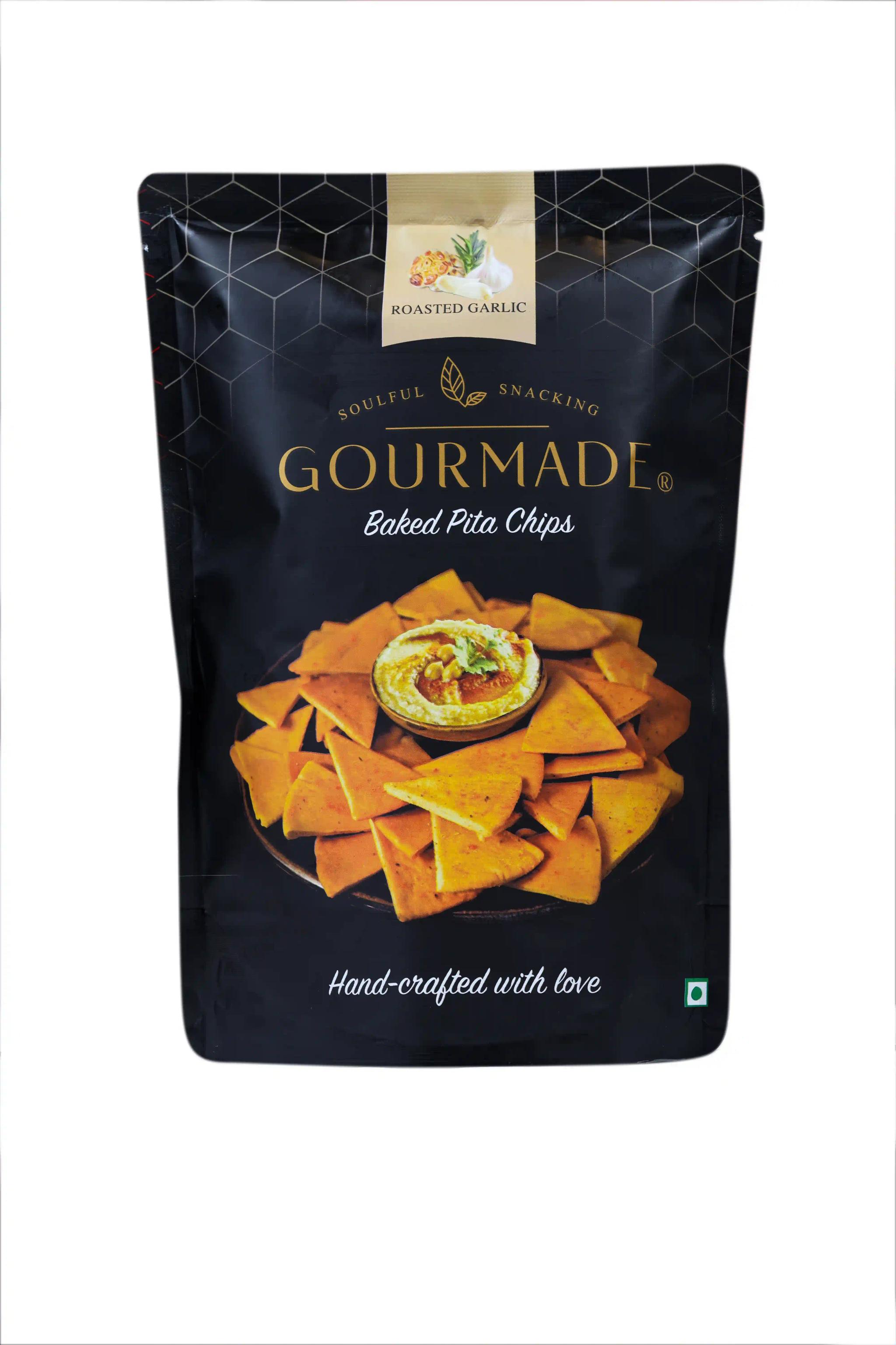 Gourmade Pita Chips Snacking Combo of 2 Roasted Garlic, 1 Olive & Herbs (375gm)