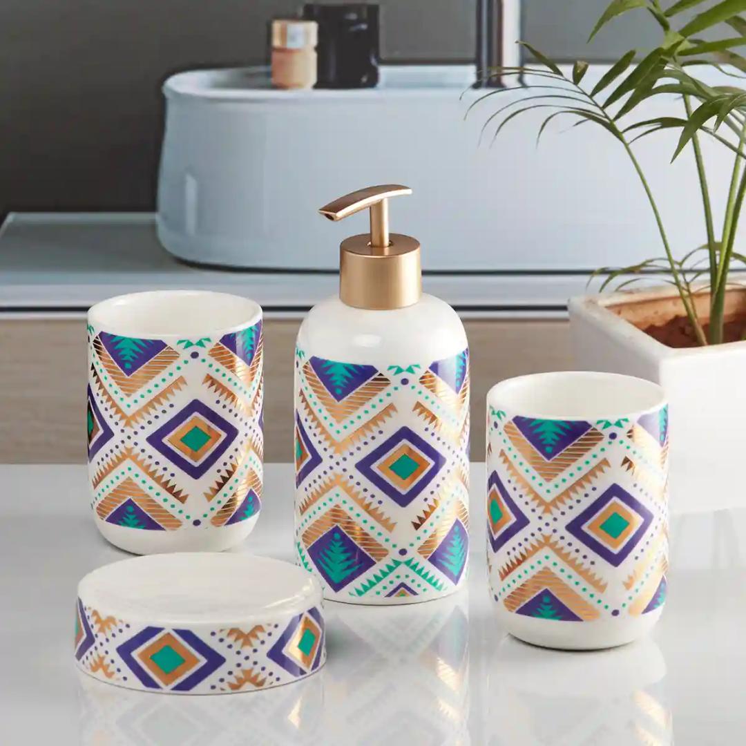 Kookee Ceramic Bathroom Accessories Set of 4, Modern Bath Set with Liquid handwash Soap Dispenser and Toothbrush holder, Luxury Gift Accessory for Home - Multicolor (10076)