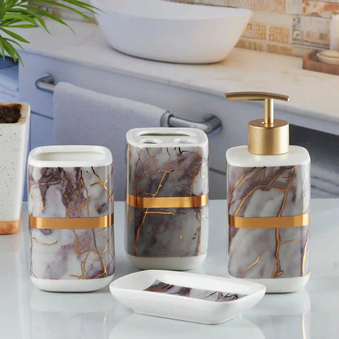 Kookee Ceramic Bathroom Accessories Set of 4, Modern Bath Set with Liquid handwash Soap Dispenser and Toothbrush holder, Luxury Gift Accessory for Home - Multicolor (10165)