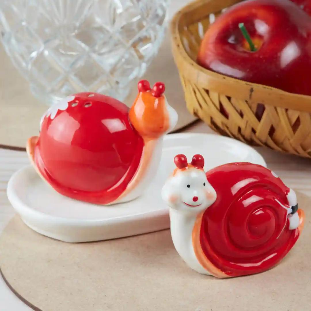 Kookee Ceramic Salt and Pepper Shakers Set with tray for Dining Table used as Namak Dhani, Shaker, Sprinkler, Spices Dispenser for Home, Kitchen and Restaurant, Snail Design, Red White (8570)