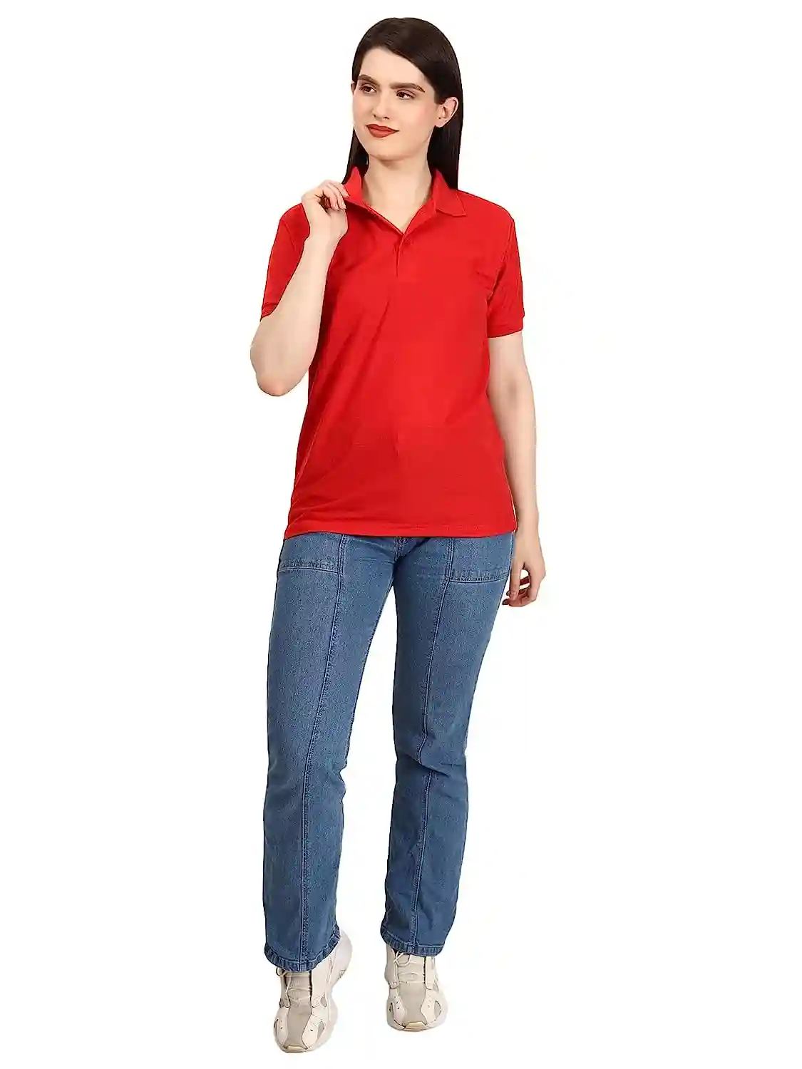 Cotton Polo Neck T-Shirt For Women - Red (Small)