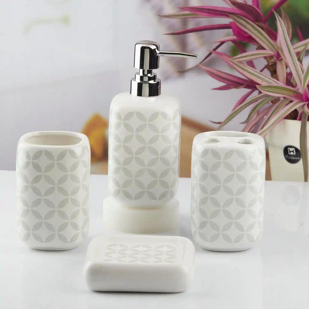 Kookee Ceramic Bathroom Accessories Set of 4, Modern Bath Set with Liquid hand wash Soap Dispenser and Toothbrush holder, Luxury Gift Accessory for Home, White (10453)