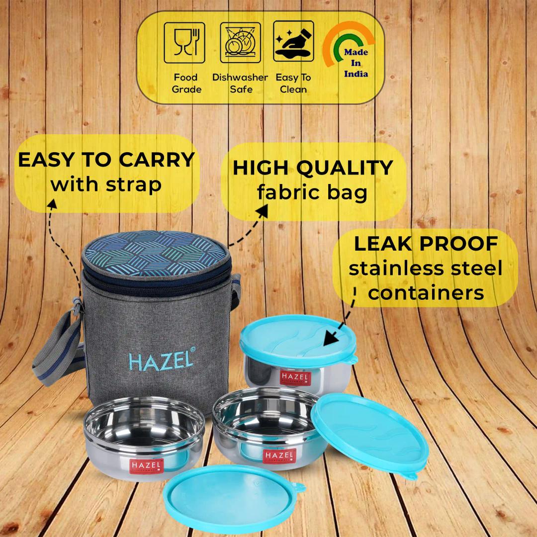 HAZEL Tiffin Box for Office Men & Women | Stainless Steel Lunch Boxes Set of 3 Leak Proof Lunch Box (2 Pc 300 ML, 1 Pc 450 ML Containers) with Cylindrical Lunch Bag with Strap