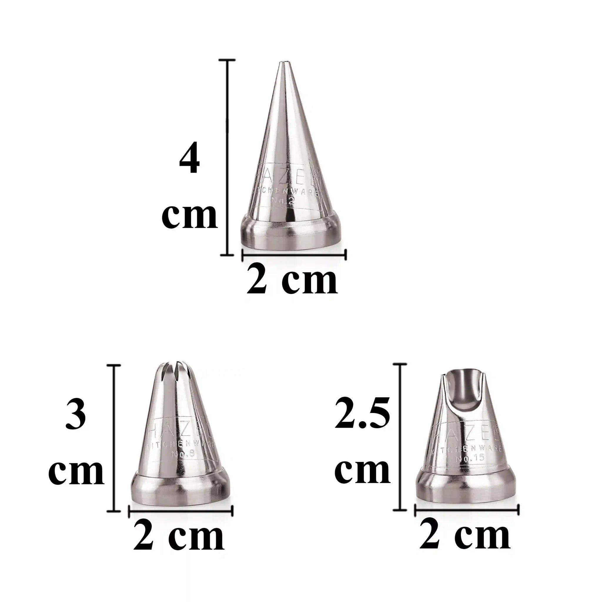 HAZEL Cake Nozzle Set of 3 | Nozzle Set for Cake |Cake Decorating Nozzle Set | Piping Bag Nozzle, (N2 Round Shape, N8 Closed Star Shape, N15 Ruffles Shape) Silver