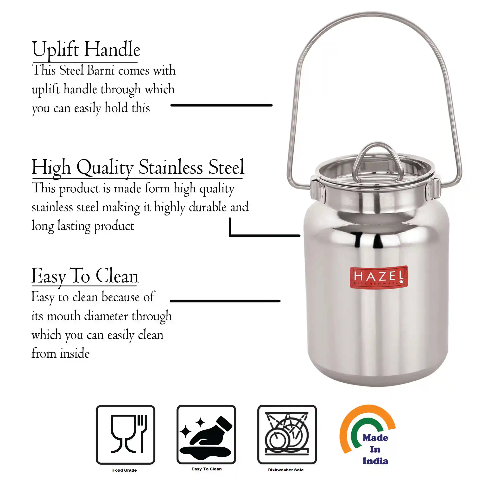 HAZEL Stainless Steel Oil and Ghee Air Tight Container | Oil Pot Container for Kitchen Storage | Heavy Gauge Steel Ghee Can, 1 Litre