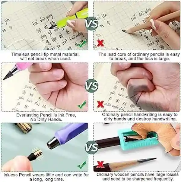 Kunya Portable Reusable Erasable Writing Pencil, Infinity Pencil with Eraser, Inkless Magic Pencils Eternal Metal Writing Pencils - 4Pcs