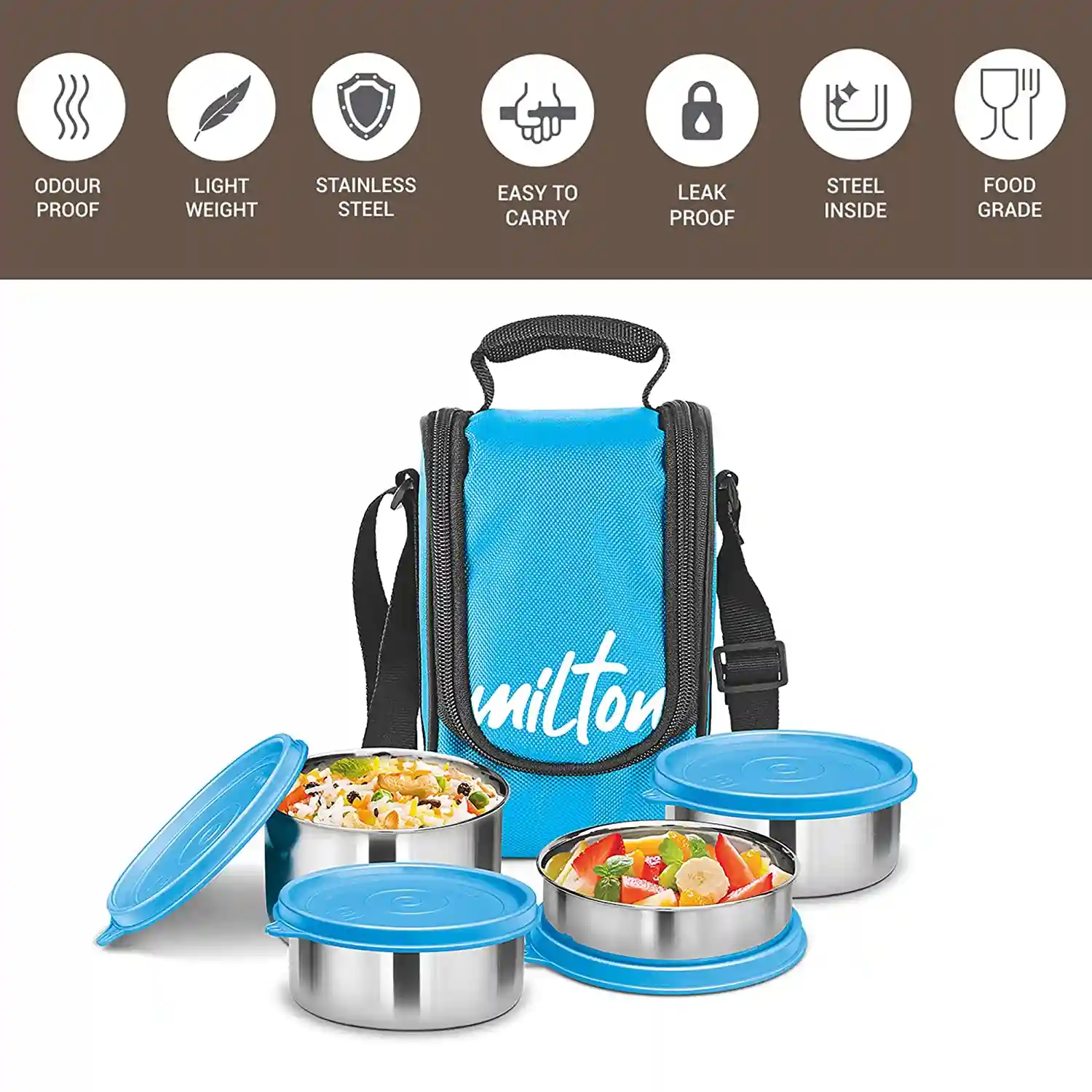 Milton Tasty 4 Stainless Steel Lunch Box with 4 Containers, (1 - 200 ml, 2 - 320 ml Each, 1 - 500 ml), Cyan | Leak proof | Easy to carry | Stainless Steel | Odour Proof | Food Grade | Light Weight | Easy to Clean