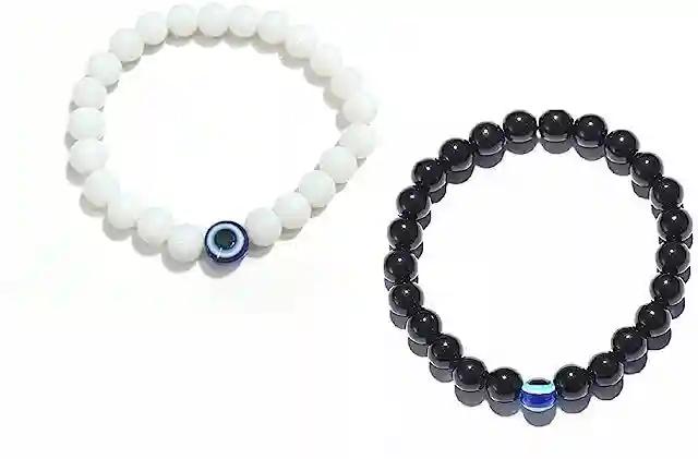 Plain Beads Bracelet - Pack of 2-White & Black Evil Eye