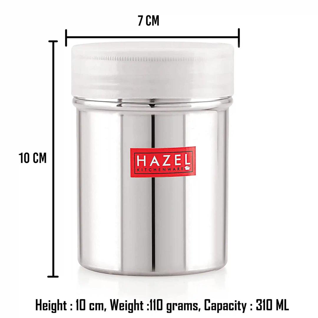 HAZEL Stainless Steel Powder Shaker and Plastic Lid Cap|Dredger Without Handle |Salt and Pepper Cellar Cocoa Chocolate Powder Shaker, 310 ML, Silver