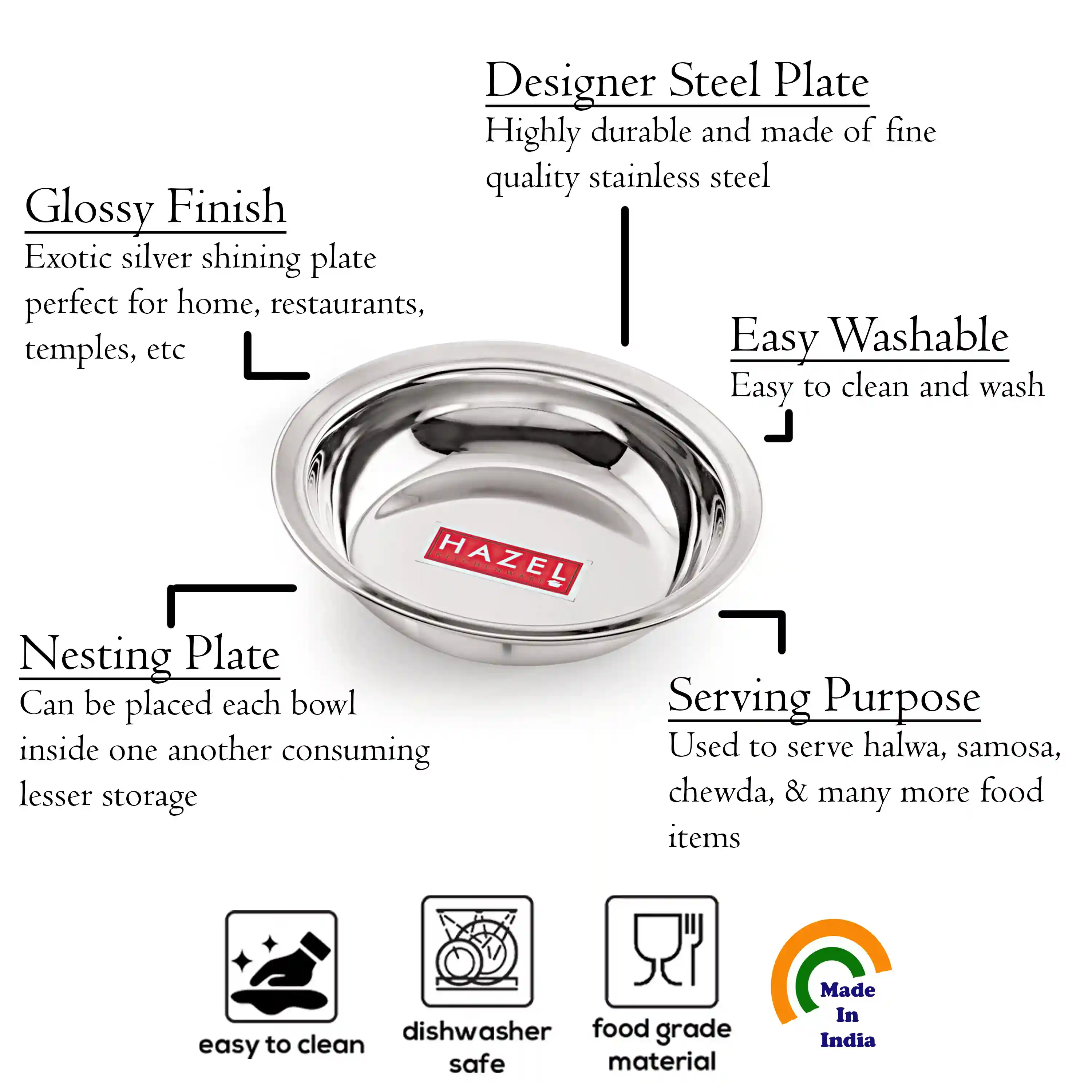 HAZEL Stainless Steel Snack Bowl/Plate Set | Small Steel Plates Dish for Snacks | Breakfast Plates, 270 ML