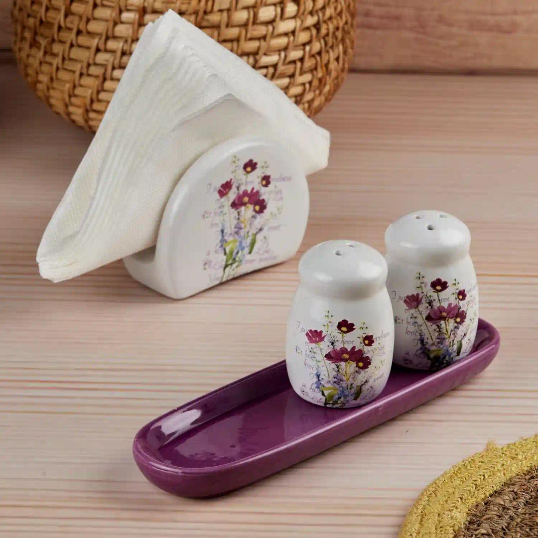 Kookee Ceramic Salt and Pepper Shakers Set with tray for Dining Table used as Namak Dhani, Shaker, Sprinkler, Spices Dispenser for Home, Kitchen and Restaurant, Purple (10715)