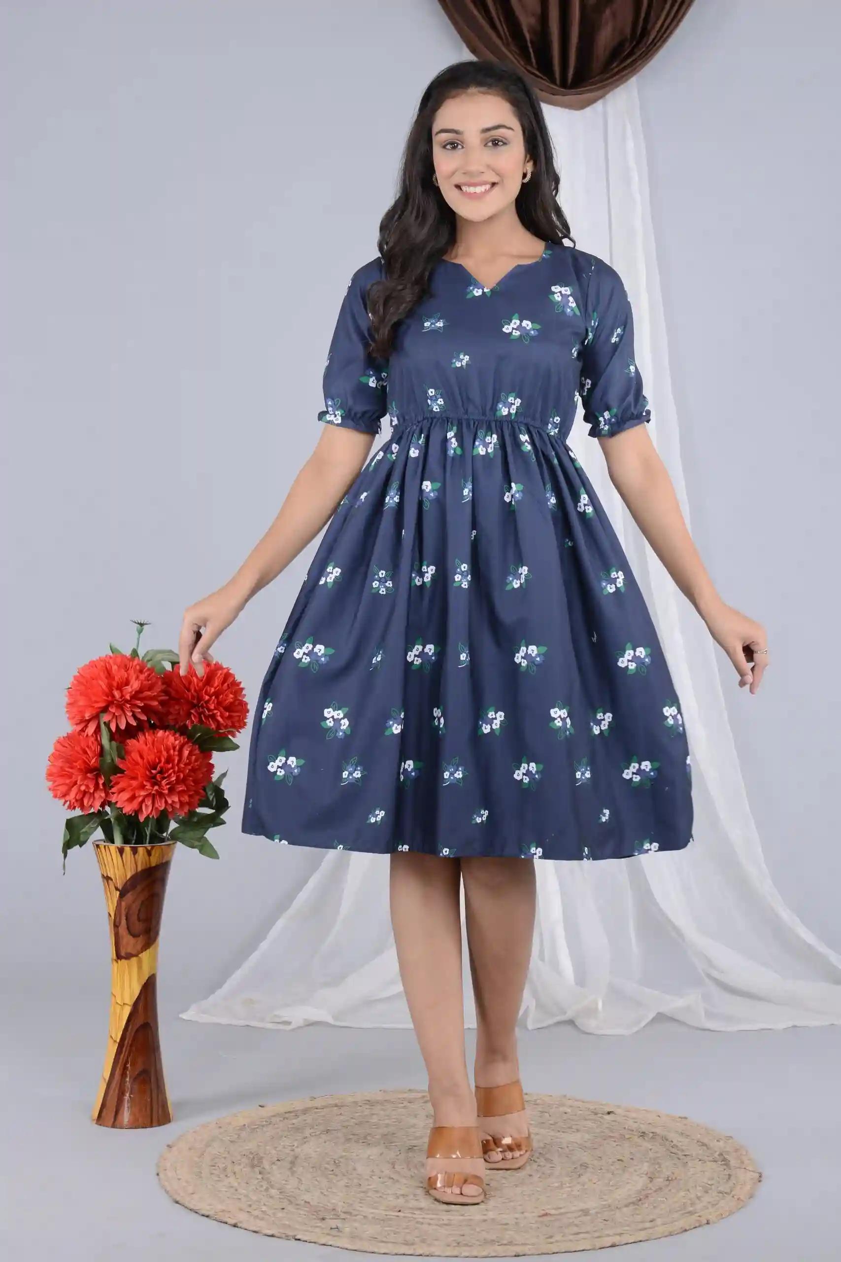 Floral Print Knee Length Navy Blue Dress for Women - S