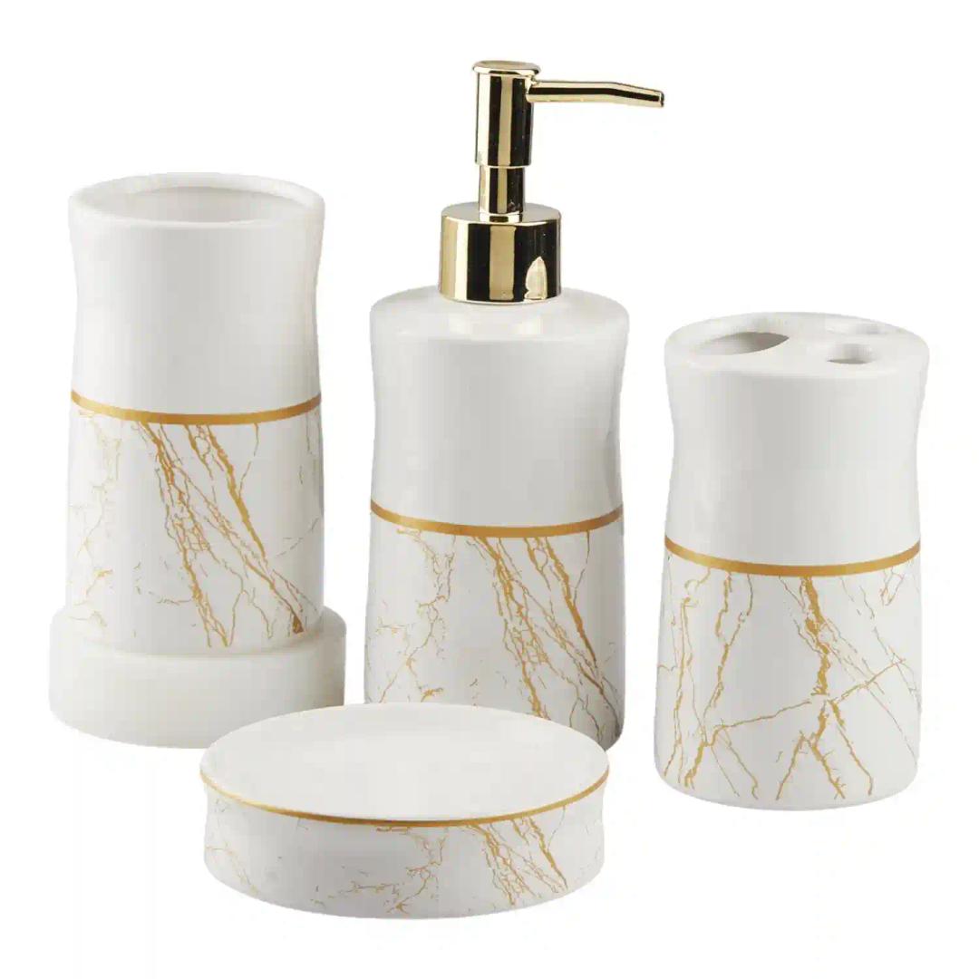 Kookee Ceramic Bathroom Accessories Set of 4, Modern Bath Set with Liquid hand wash Soap Dispenser and Toothbrush holder, Luxury Gift Accessory for Home, White/Gold (10476)