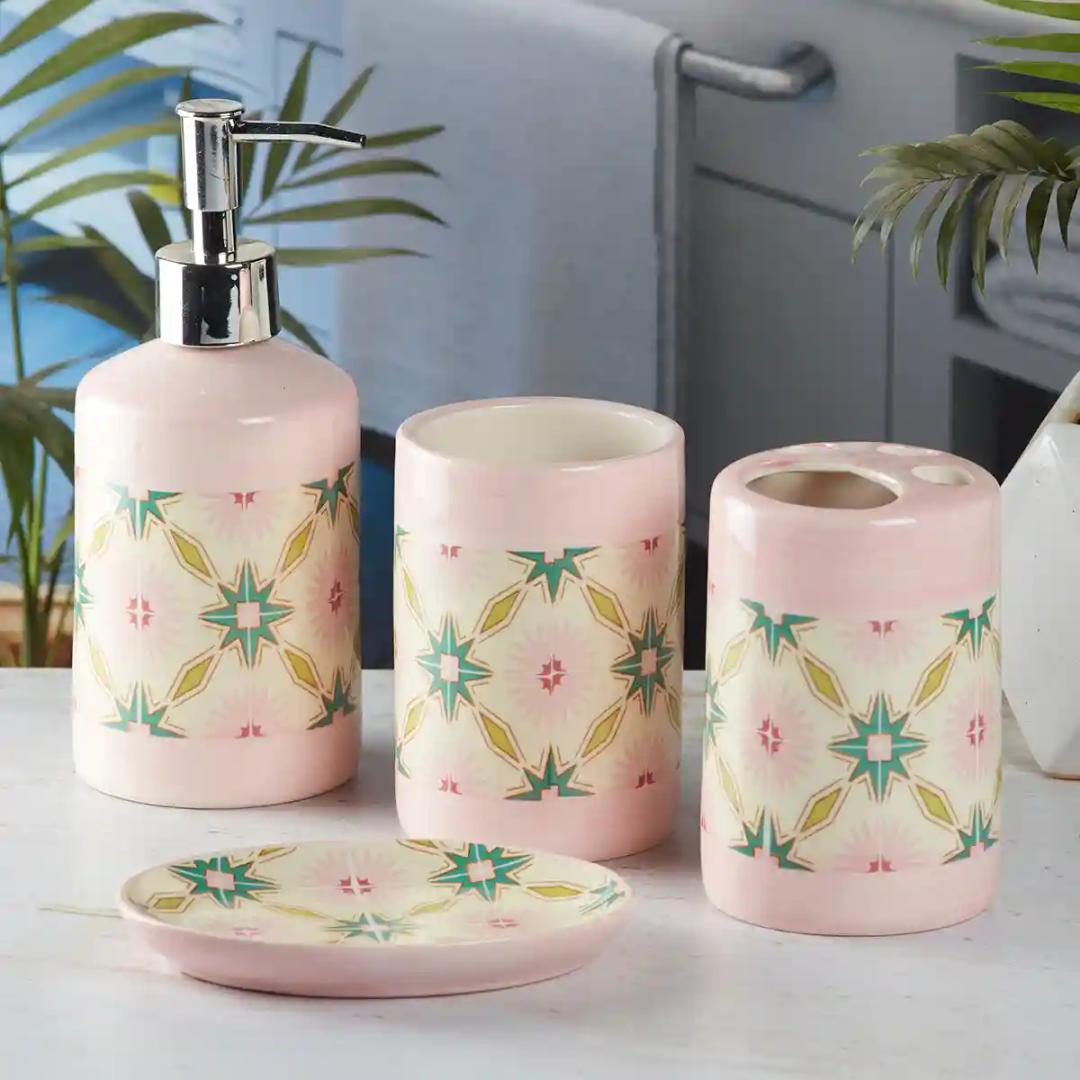 Kookee Ceramic Bathroom Accessories Set of 4, Modern Bath Set with Liquid hand wash Soap Dispenser and Toothbrush holder, Luxury Gift Accessory for Home, Pink (8120)