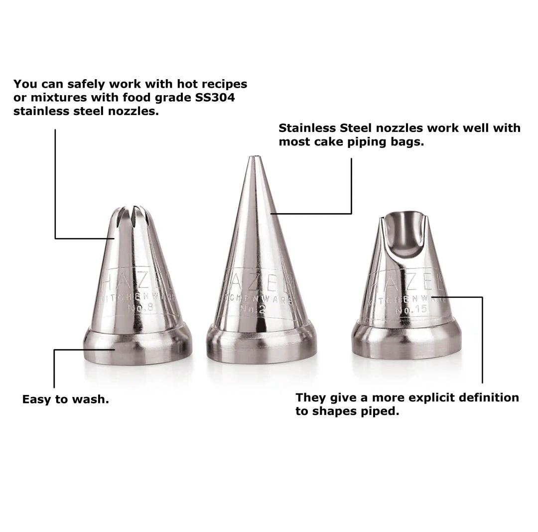 HAZEL Cake Nozzle Set of 3 | Nozzle Set for Cake |Cake Decorating Nozzle Set | Piping Bag Nozzle, (N2 Round Shape, N8 Closed Star Shape, N15 Ruffles Shape) Silver