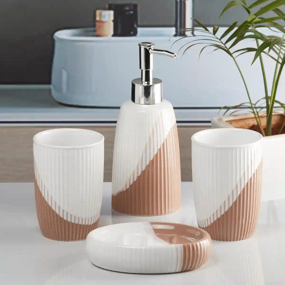 Kookee Ceramic Bathroom Accessories Set of 4, Modern Bath Set with Liquid handwash Soap Dispenser and Toothbrush holder, Luxury Gift Accessory for Home - Brown (10100)