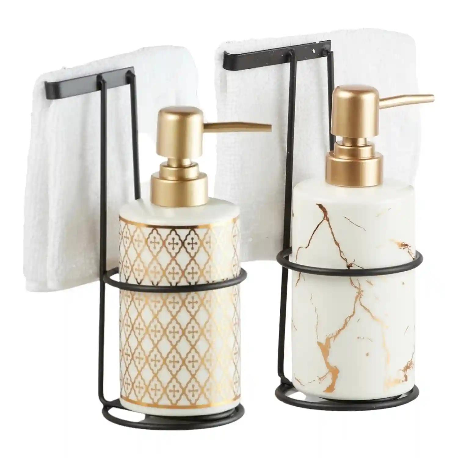 Kookee Ceramic Soap Dispenser for Bathroom hand wash, refillable pump bottle for Kitchen hand wash basin, Set of 2, White/Gold (11031)