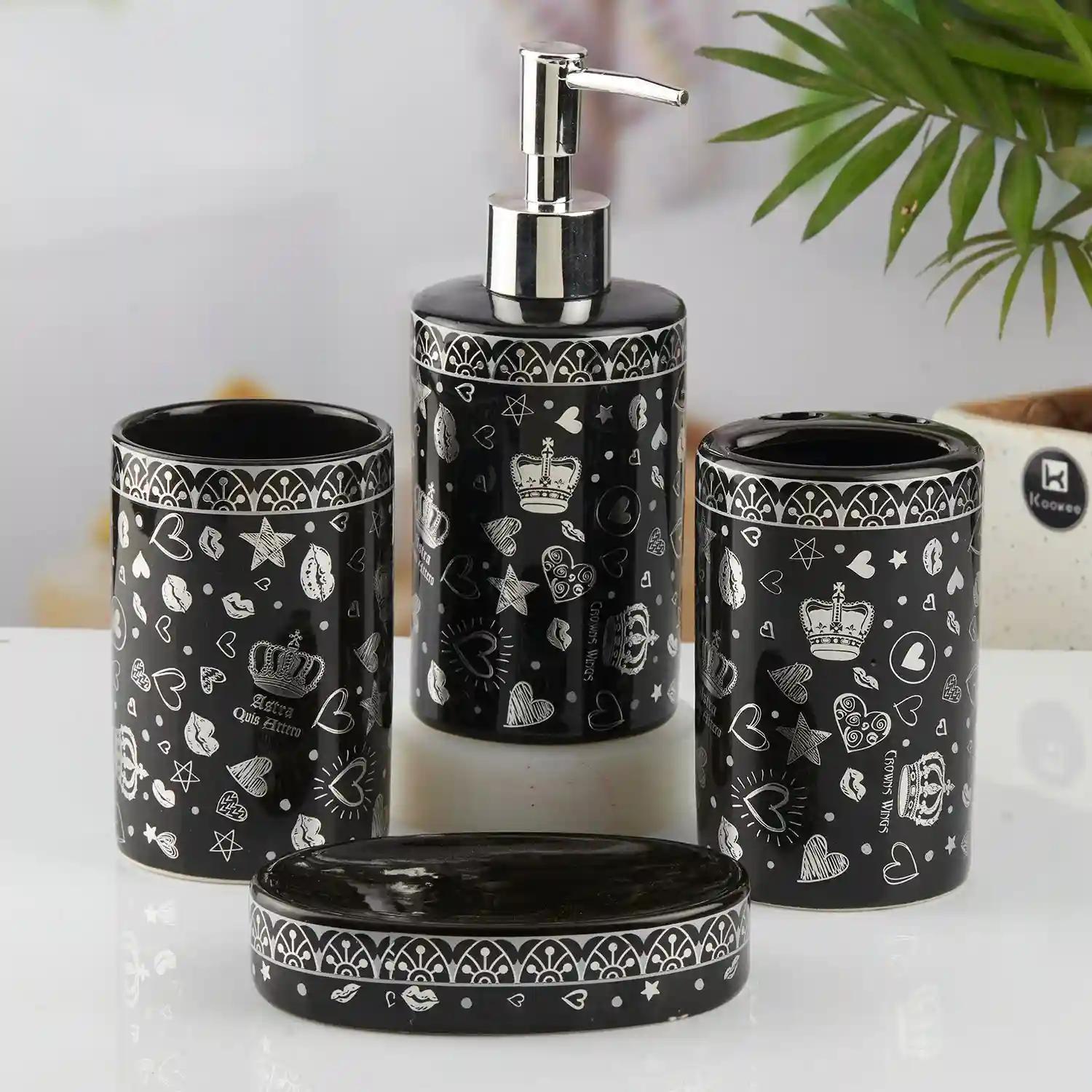 Kookee Ceramic Bathroom Accessories Set of 4, Modern Bath Set with Liquid hand wash Soap Dispenser and Toothbrush holder, Luxury Gift Accessory for Home, Black/Silver (10463)