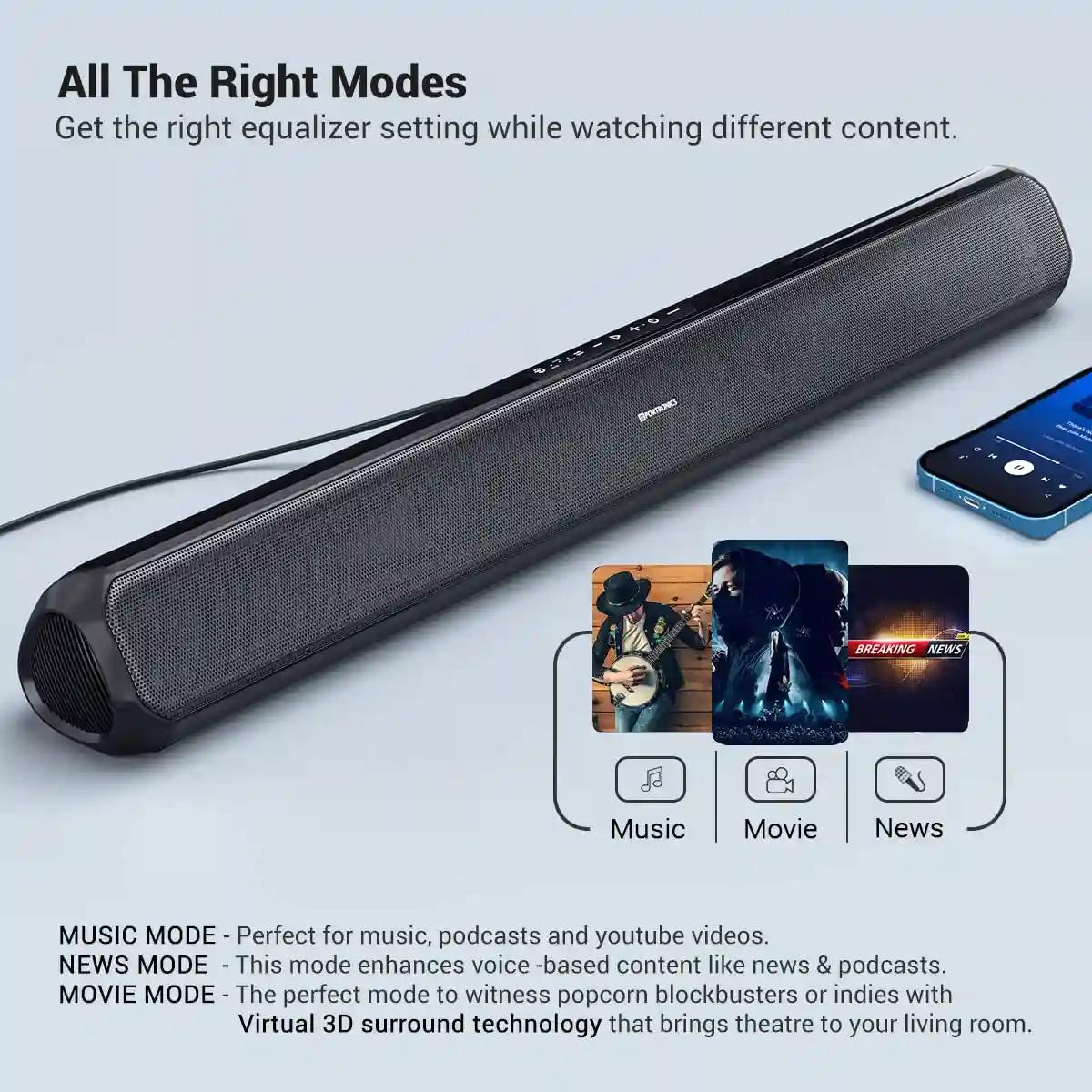 Portronics Sound Slick 7 50W Wireless Bluetooth Soundbar with Aux in 3.5 mm, in-Built Power Cable, Supports USB Flash Drive, Multiple Audio Modes for TV, Mobile, PC, Tablets, Laptops(Black)