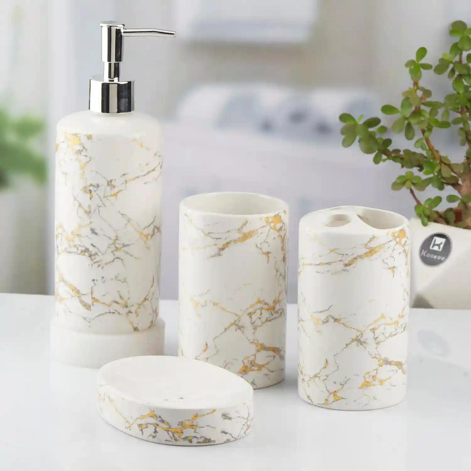 Kookee Ceramic Bathroom Accessories Set of 4, Modern Bath Set with Liquid hand wash Soap Dispenser and Toothbrush holder, Luxury Gift Accessory for Home, White (10389)