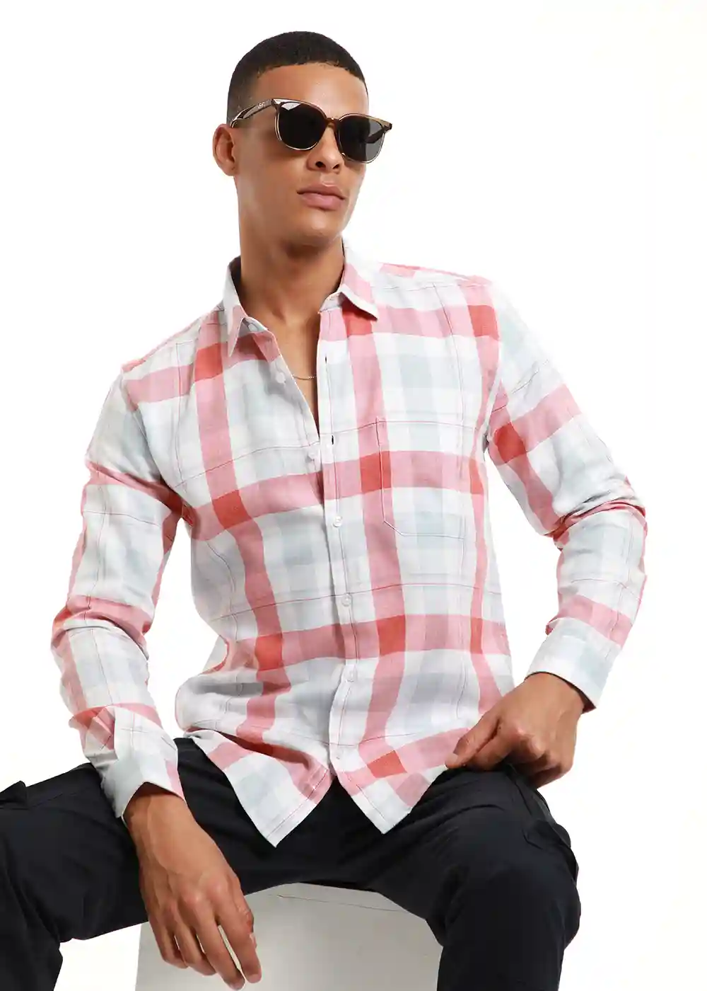 Banana Club Melange Salmon Red Check Shirt- (Small)