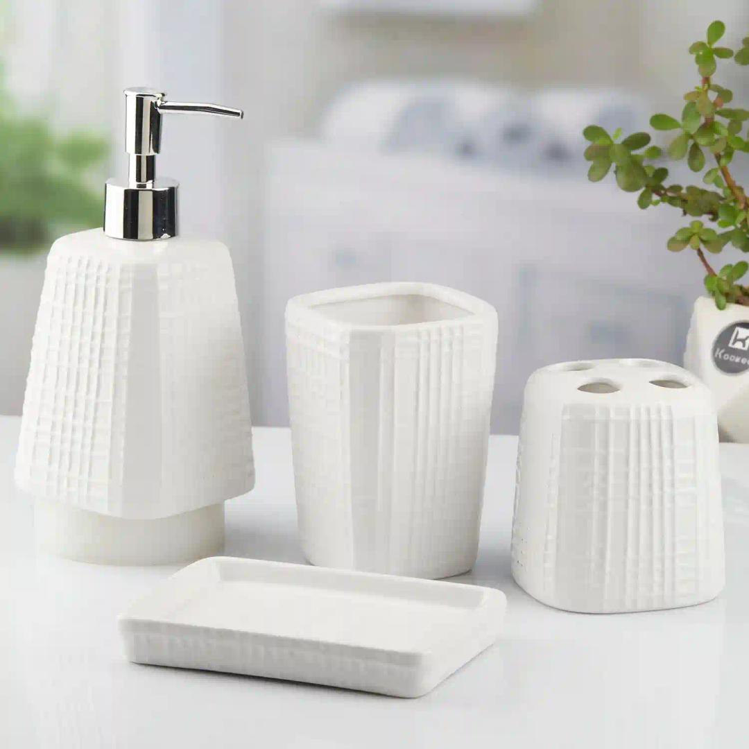 Kookee Ceramic Bathroom Accessories Set of 4, Modern Bath Set with Liquid hand wash Soap Dispenser and Toothbrush holder, Luxury Gift Accessory for Home, White (10466)