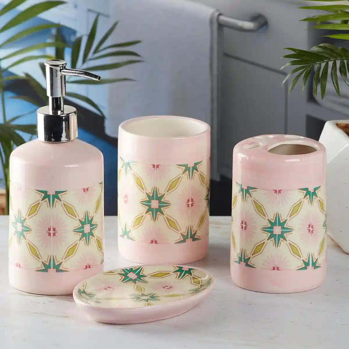 Kookee Ceramic Bathroom Accessories Set of 4, Modern Bath Set with Liquid hand wash Soap Dispenser and Toothbrush holder, Luxury Gift Accessory for Home, Pink (8120)