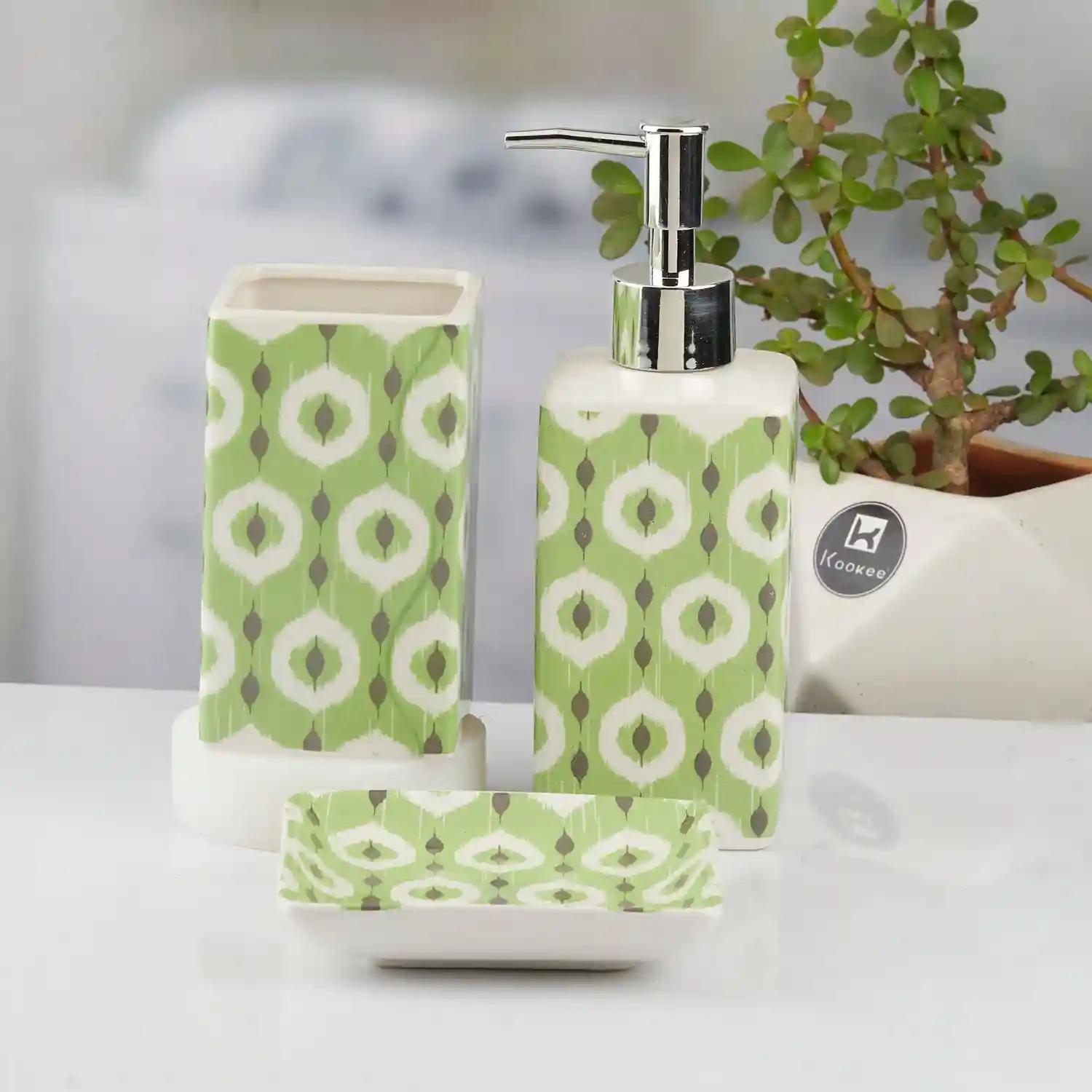 Kookee Ceramic Bathroom Accessories Set of 3, Modern Bath Set with Liquid hand wash Soap Dispenser and Toothbrush holder, Luxury Gift Accessory for Home, Green (10421)