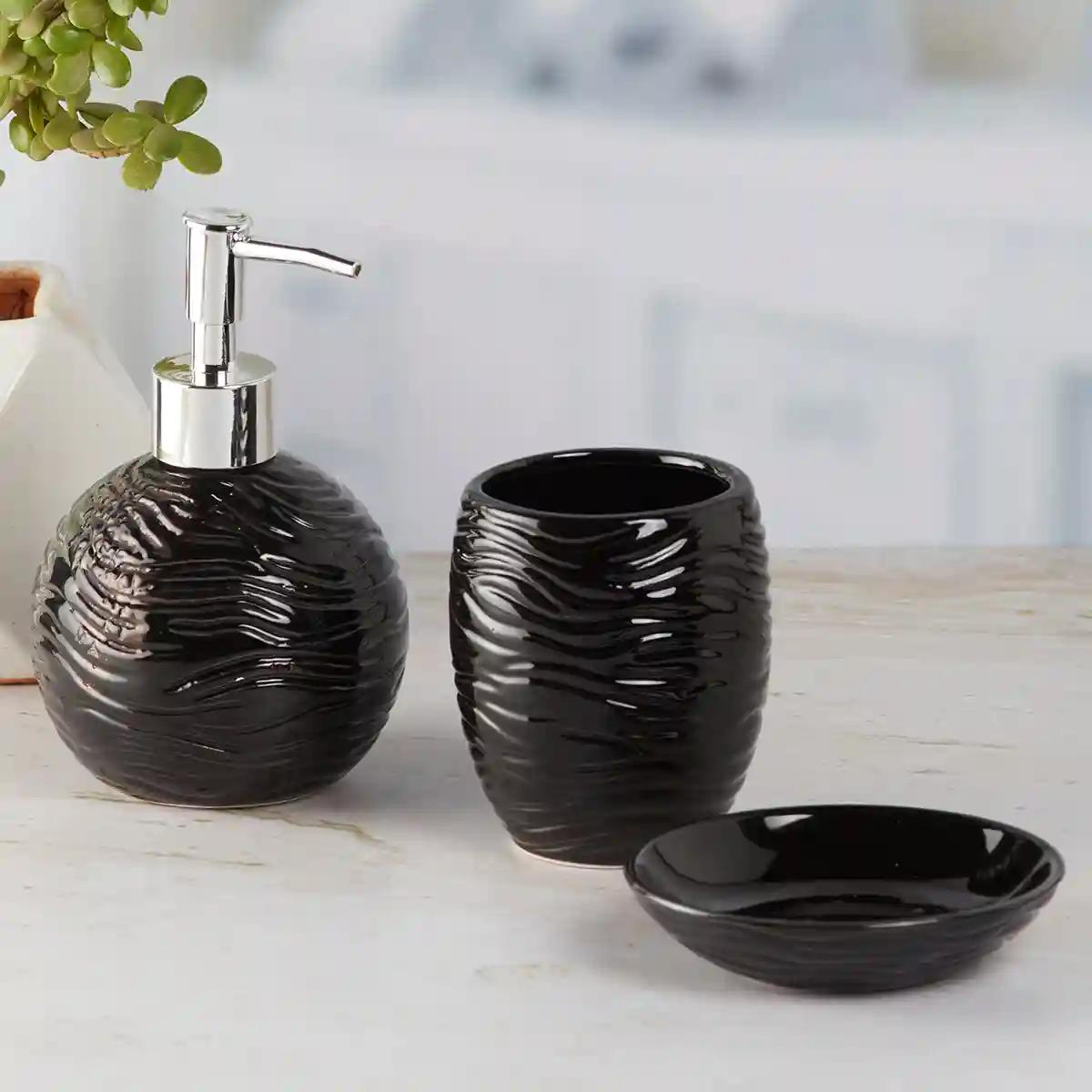 Kookee Ceramic Bathroom Accessories Set of 3, Modern Bath Set with Liquid handwash Soap Dispenser and Toothbrush holder, Luxury Gift Accessory for Home - Black (9614)