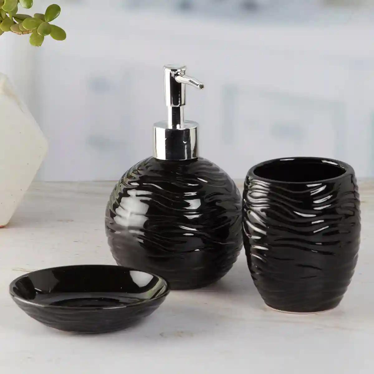 Kookee Ceramic Bathroom Accessories Set of 3, Modern Bath Set with Liquid handwash Soap Dispenser and Toothbrush holder, Luxury Gift Accessory for Home - Black (9614)