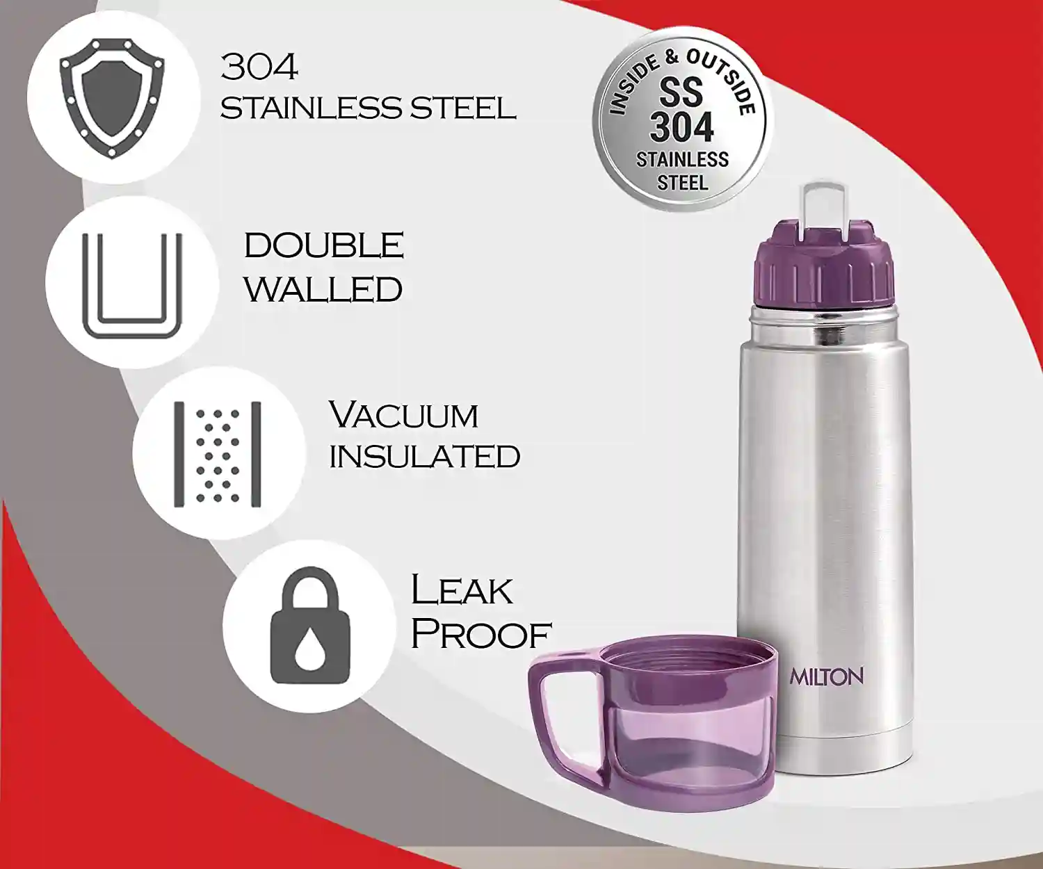 MILTON ThermoSteel Glassy Hot and Cold Bottle with Drinking Cup Lid, (350ml, Purple)