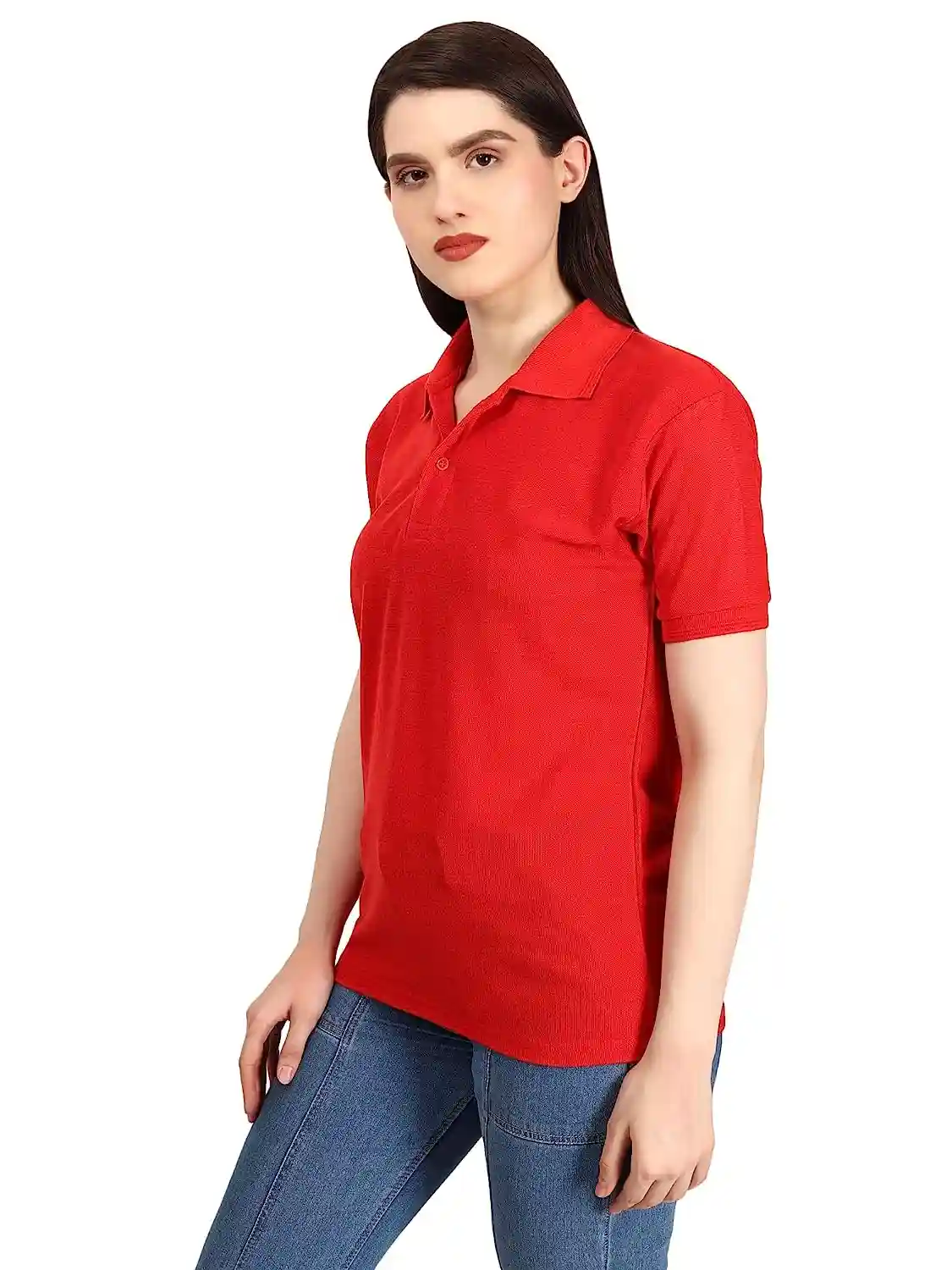 Cotton Polo Neck T-Shirt For Women - Red (Small)