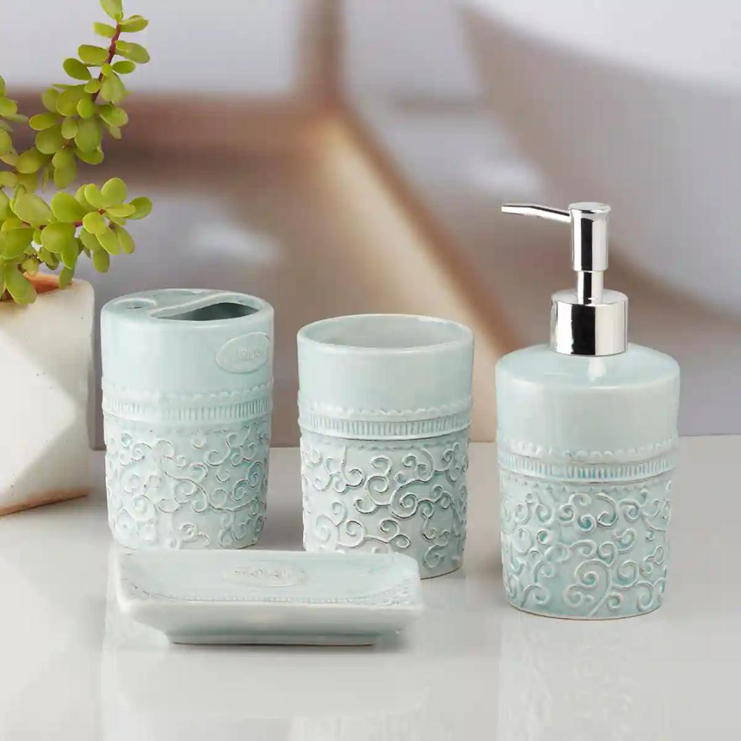 Kookee Ceramic Bathroom Accessories Set of 4, Modern Bath Set with Liquid handwash Soap Dispenser and Toothbrush holder, Luxury Gift Accessory for Home - Blue (10181)