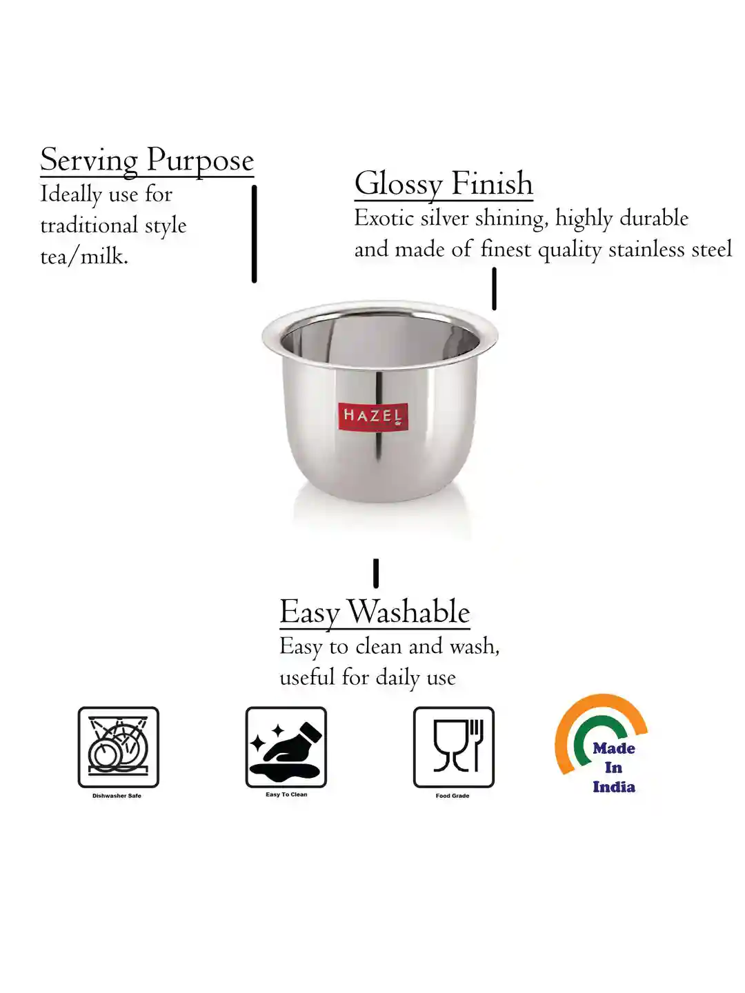 HAZEL Stainless Steel Tea Glasses Mini Traditional Design Coffee Milk Serving Glass Patra Pela, Set of 2, 8 cm, 100 ML, Silver