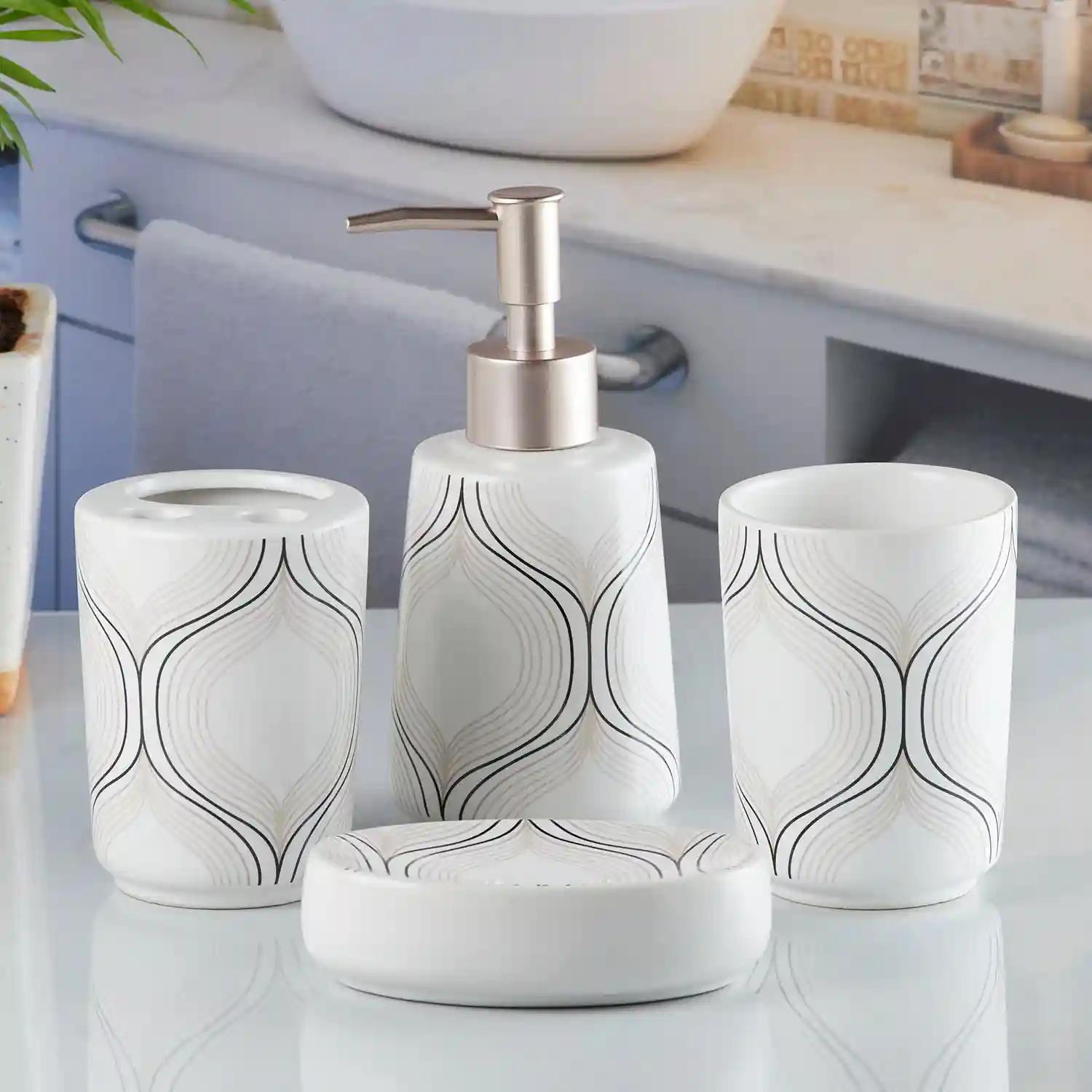 Kookee Ceramic Bathroom Accessories Set of 4, Modern Bath Set with Liquid handwash Soap Dispenser and Toothbrush holder, Luxury Gift Accessory for Home - White (10167)